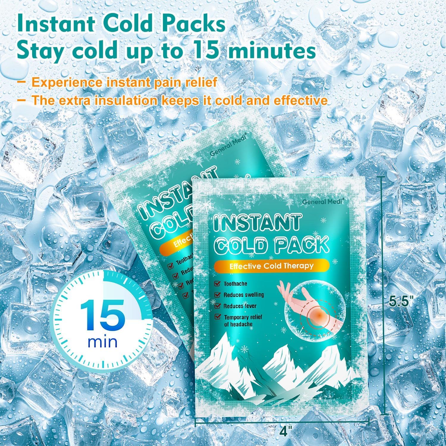 Communicates the product's performance metric of staying cold for up to 15 minutes, reassuring shoppers of its effectiveness for pain relief. Highlights multiple distinct benefits including instant…