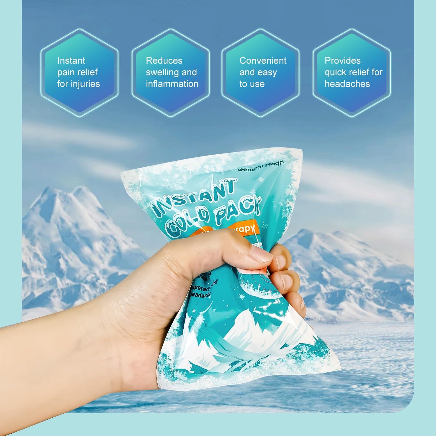 Communicates multiple distinct benefits of the instant cold pack in a segmented layout, showing shoppers the product's versatility for pain relief, inflammation reduction, ease of use, and headache…