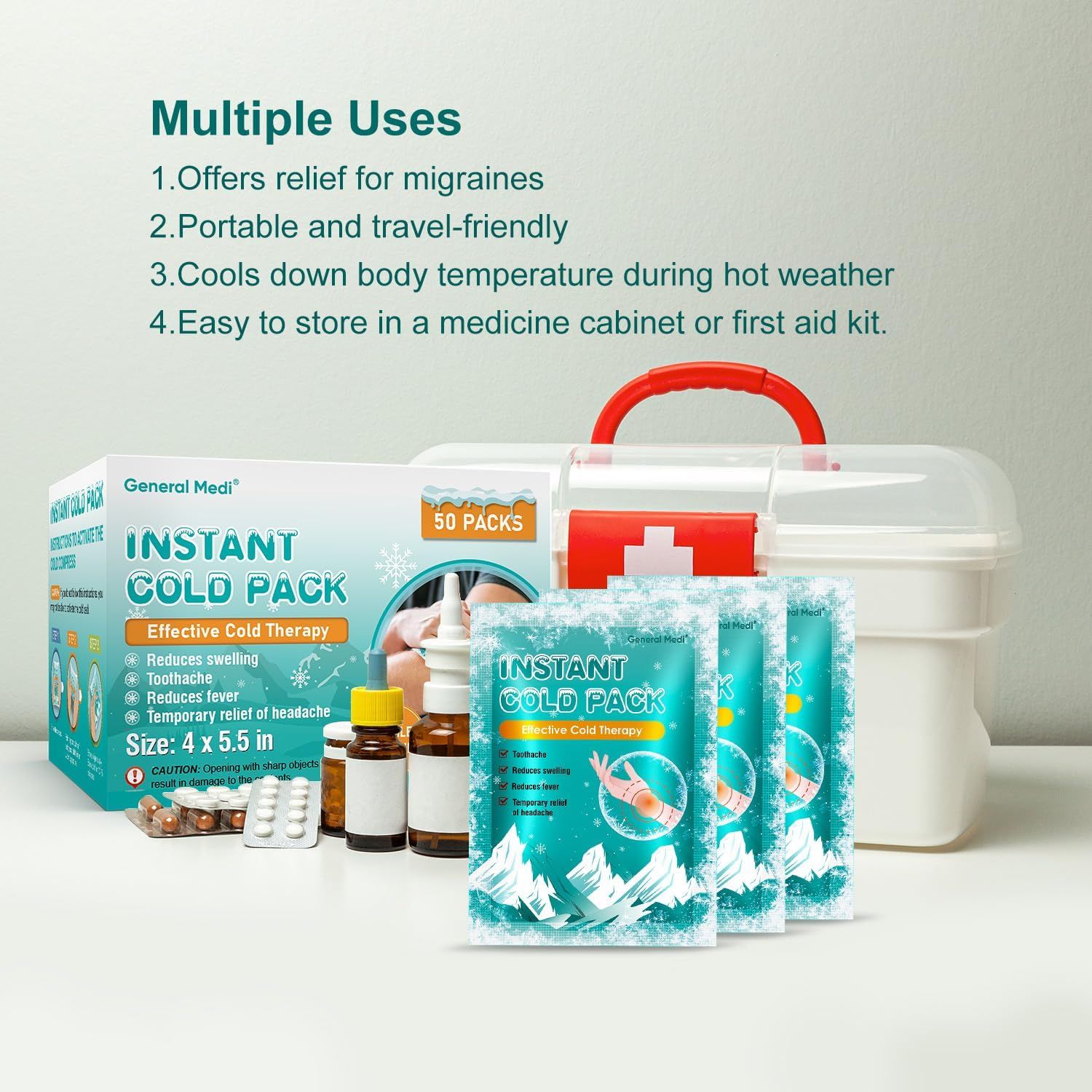 Demonstrates the versatility of the instant cold pack by showcasing four distinct use cases, reassuring shoppers that this product serves multiple practical purposes in different scenarios.…