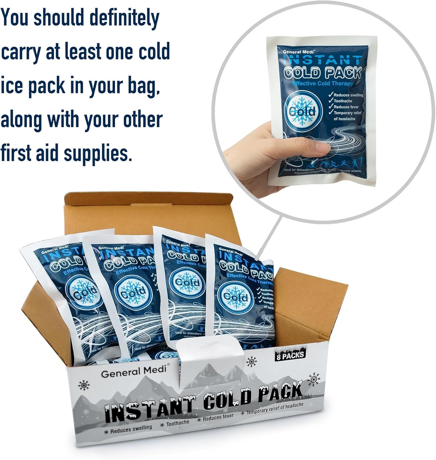 Demonstrates a practical use case for the instant cold pack by suggesting it should be carried in a bag with other first aid supplies for emergency situations. Shows the customer receives 8…