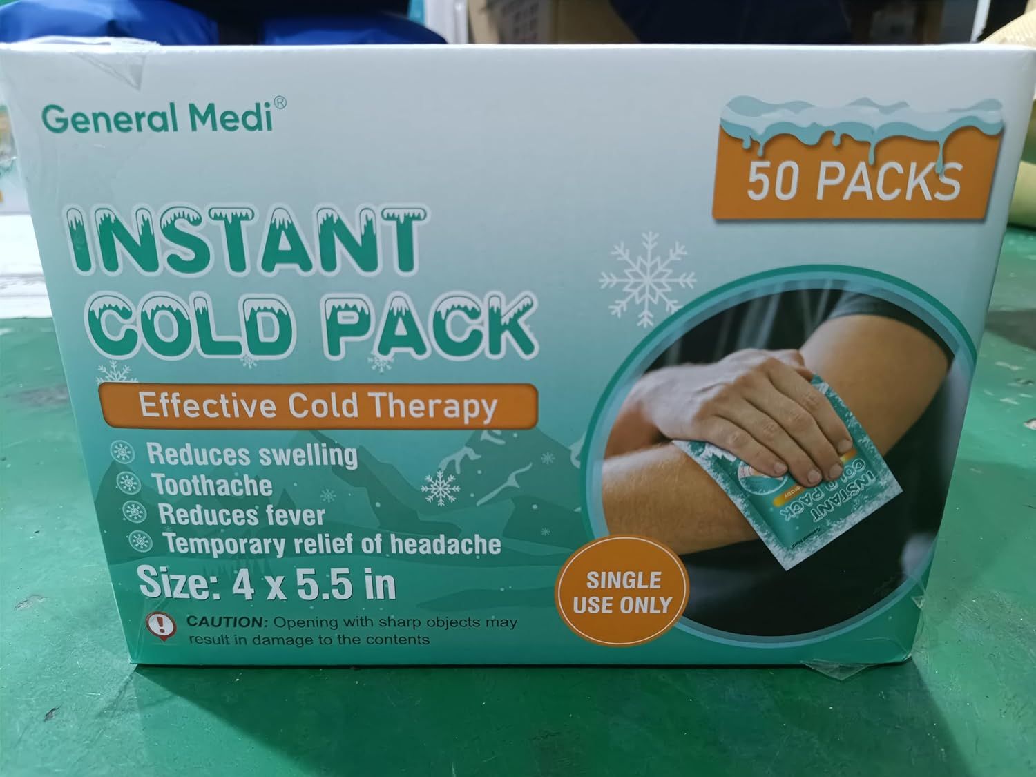 Communicates multiple therapeutic benefits of the instant cold pack to show shoppers the various pain and symptom relief applications it provides.