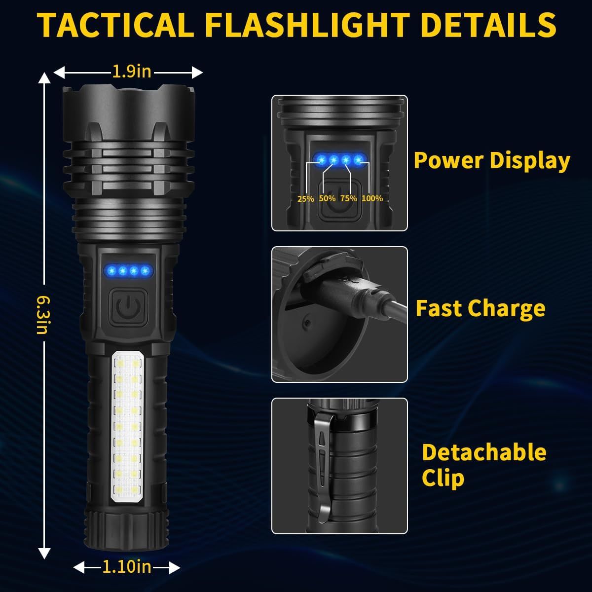 Communicates the exact physical size of the tactical flashlight to help shoppers understand its portability and whether it fits their needs. Highlights multiple key features of the flashlight…