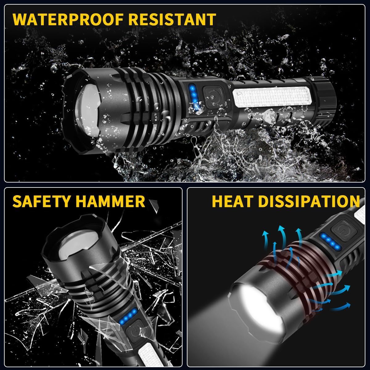 Showcases three distinct product benefits in a segmented layout to demonstrate the flashlight's durability, emergency utility, and thermal management capabilities.
