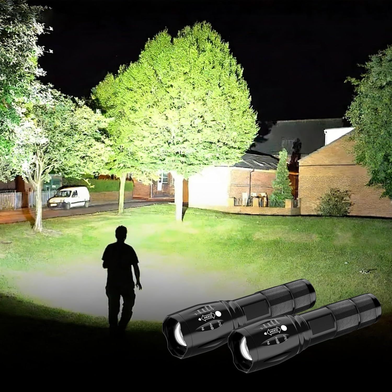 Demonstrates the flashlight's powerful illumination capability in a real-world nighttime outdoor scenario, showing how effectively it lights up a large area including trees, buildings, and pathways.