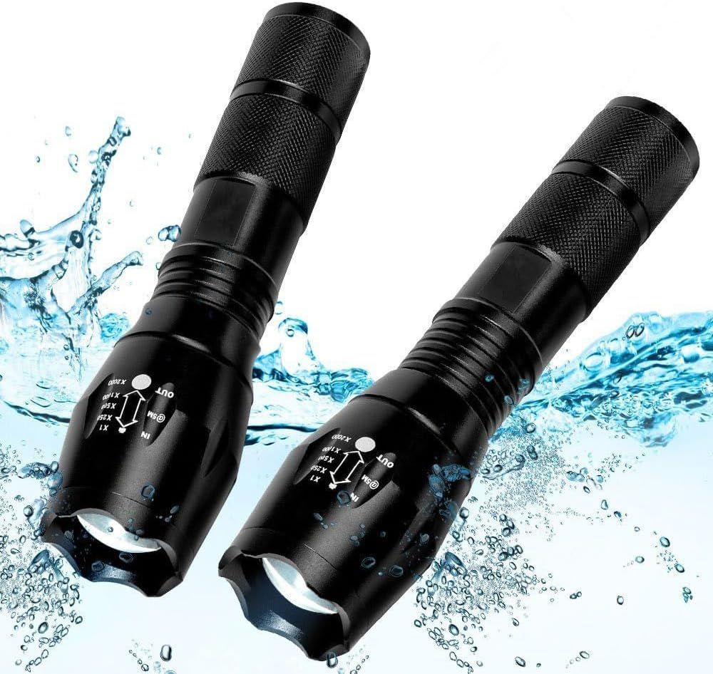 Demonstrates the flashlights waterproof capability by showing them surrounded by water splashes, reassuring shoppers they can use the product in wet conditions or outdoor environments.