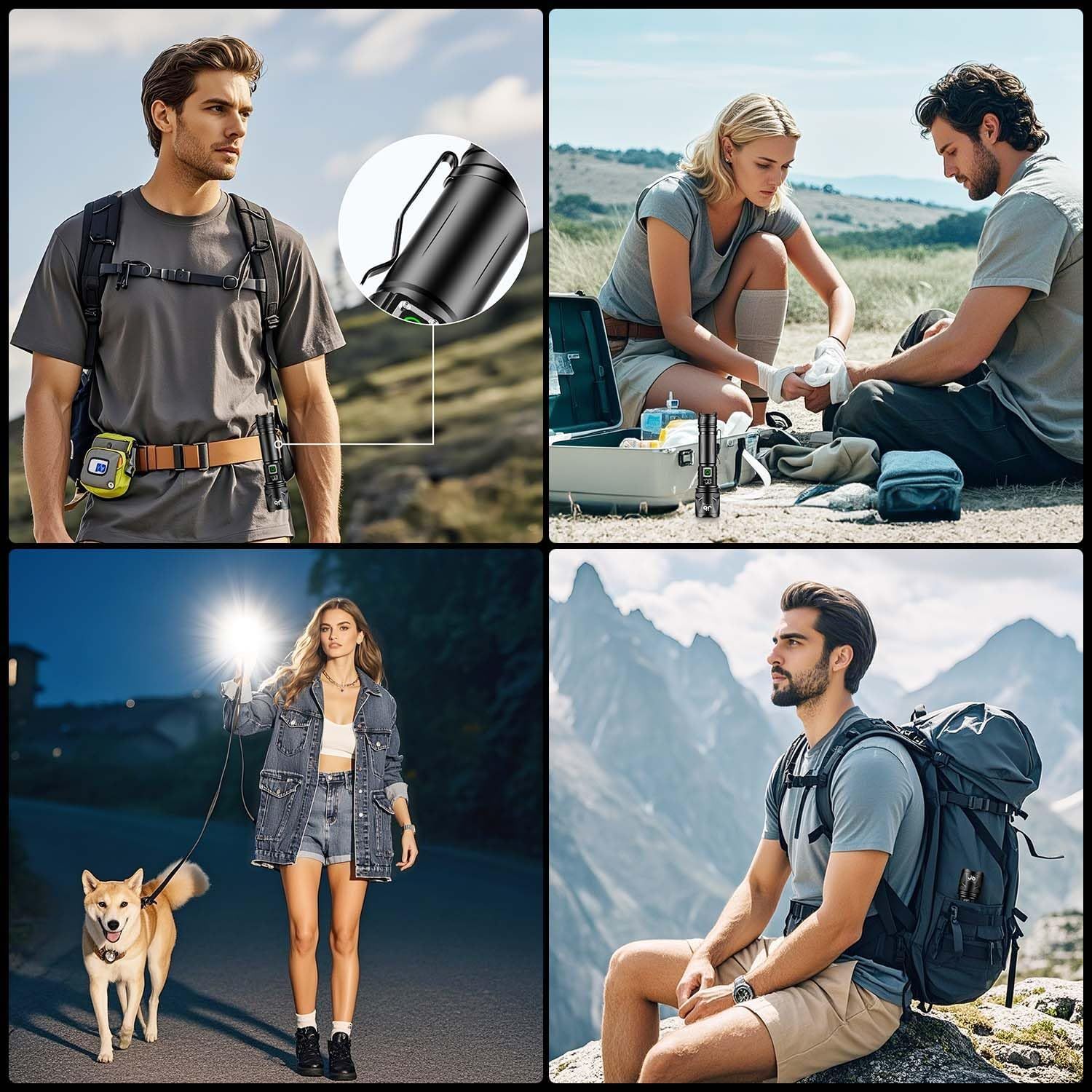 Demonstrates the product's versatility across multiple real-world scenarios including hiking, emergency first aid, nighttime activities, and outdoor adventures to show shoppers it's suitable for…