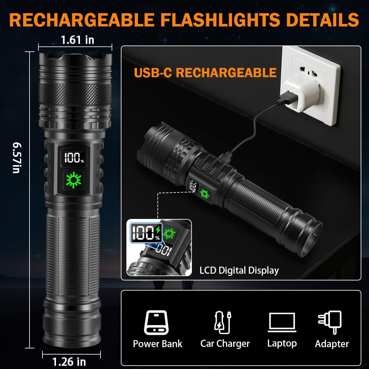 Communicates the exact physical dimensions of the flashlight (1.61 in width, 6.57 in height, 1.26 in base) to help shoppers understand its compact, portable size. Highlights multiple key features…