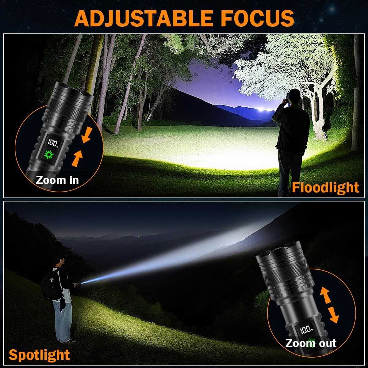 Demonstrates the flashlight's adjustable focus capability, showing how it can zoom in for a wide floodlight beam or zoom out for a concentrated spotlight beam, reassuring shoppers of its versatility…