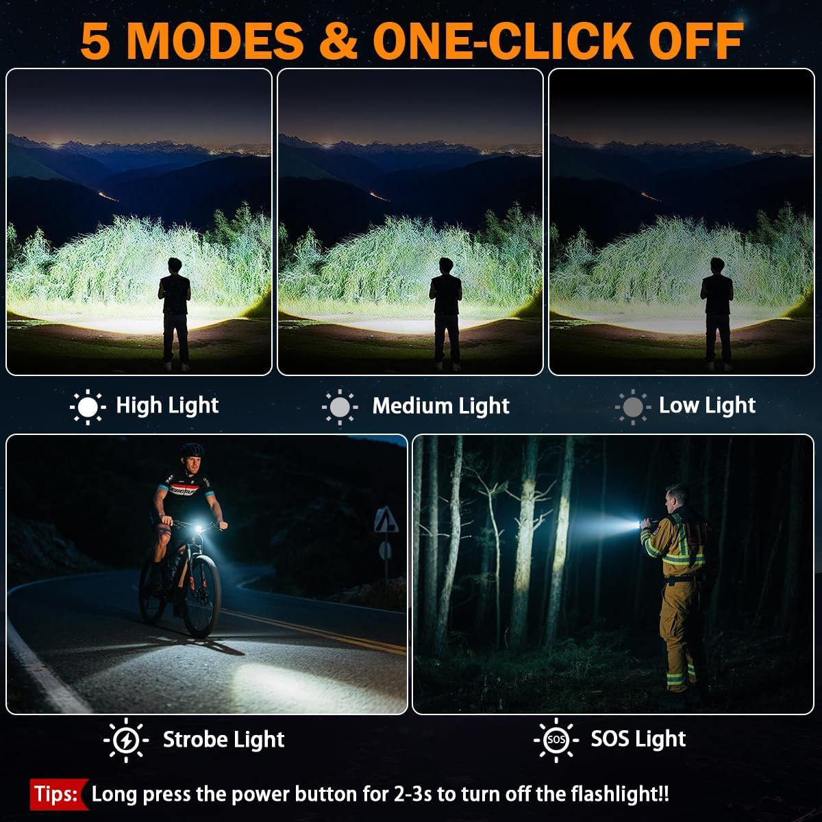Demonstrates the flashlight's versatility with five distinct lighting modes for different scenarios, reassuring shoppers they can adapt brightness and functionality to various outdoor and emergency…