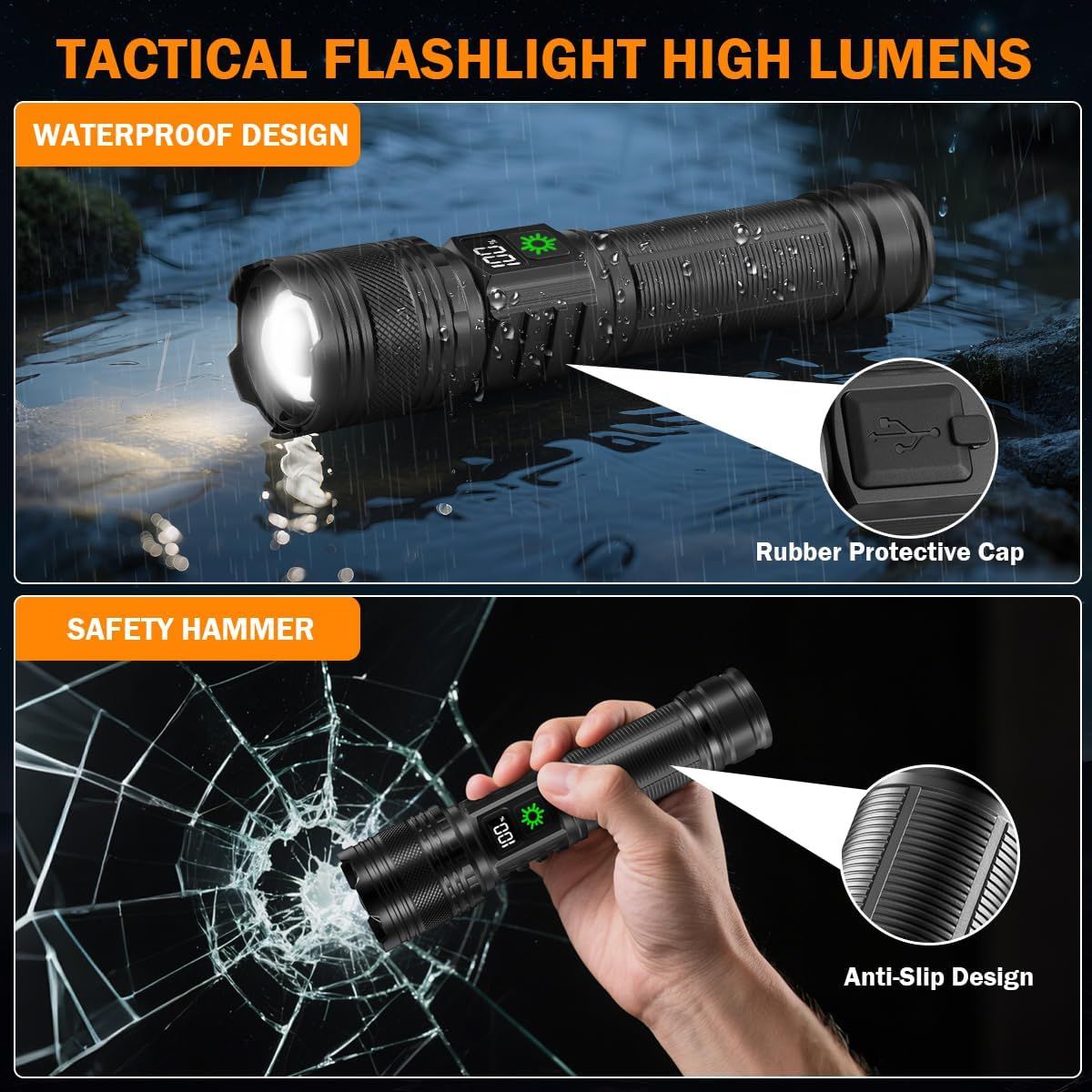 Showcases multiple distinct features of the tactical flashlight including waterproof capability, safety hammer function, protective cap, and anti-slip grip to demonstrate versatility and durability…