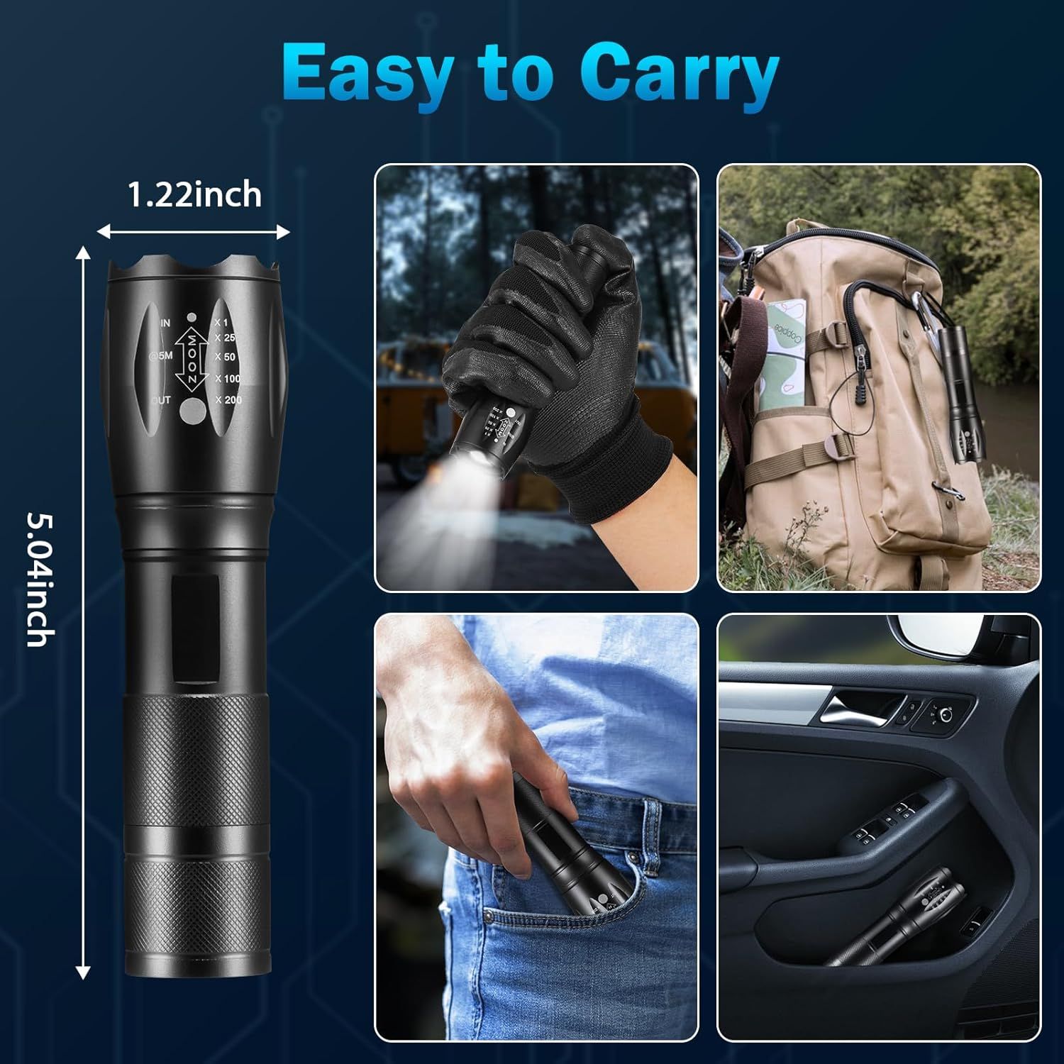 Demonstrates the product's versatility and portability by showing it can be easily carried in multiple scenarios: held in hand with gloves, attached to a backpack, stored in a pocket, and placed in…