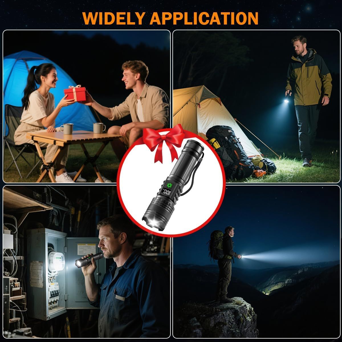 Demonstrates the flashlight's versatility across multiple real-world scenarios—camping, nighttime hiking, emergency work situations, and outdoor exploration—to show shoppers that this product is…