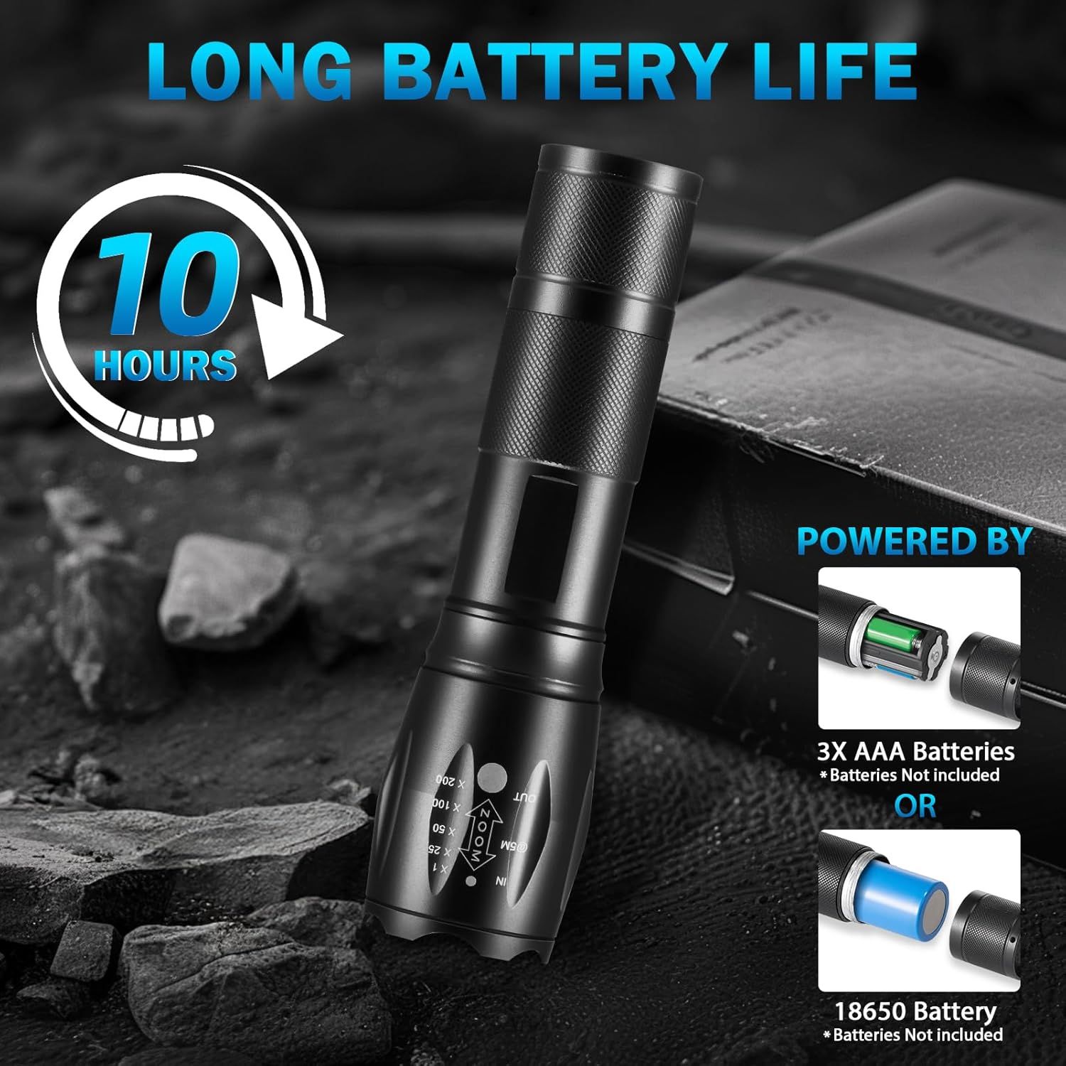 Communicates the flashlight's impressive 10-hour battery life to reassure shoppers of long-lasting performance and reliability. Shows the two battery power options available for the flashlight,…