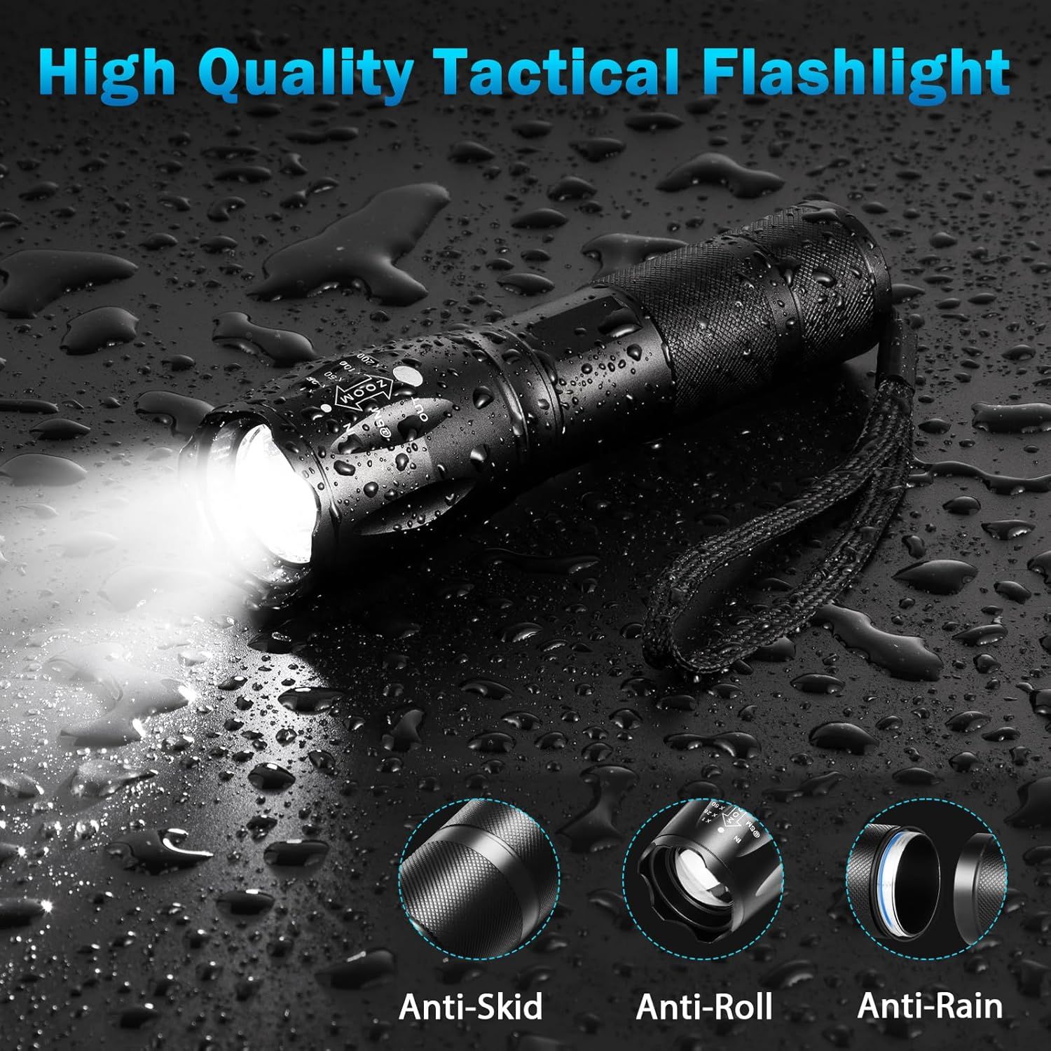 Communicates multiple durability and design benefits of the tactical flashlight through visually segmented callouts, reassuring shoppers that the product is rugged, stable, and weather-resistant.