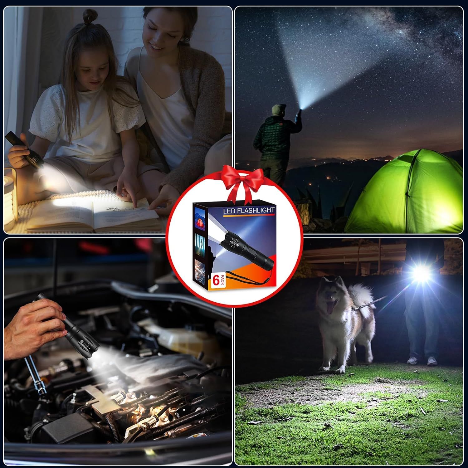 Demonstrates the versatility of the LED flashlight by showing it can be used in multiple real-world scenarios including reading at home, camping outdoors, automotive repair, and nighttime dog walking.