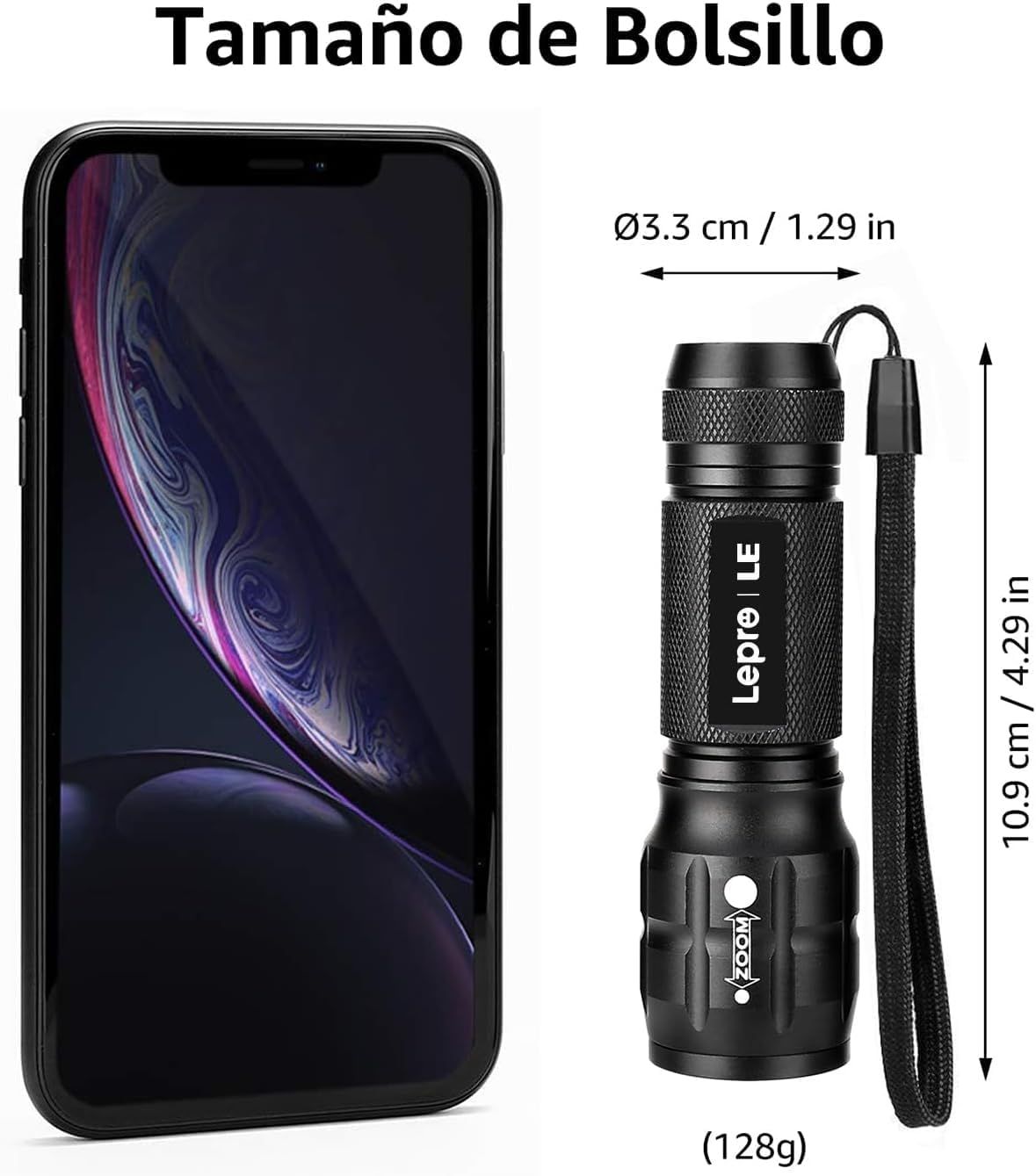 Communicates the physical dimensions and portability of the flashlight by showing exact measurements and scale comparison with a smartphone, reassuring shoppers about its compact, pocket-friendly…