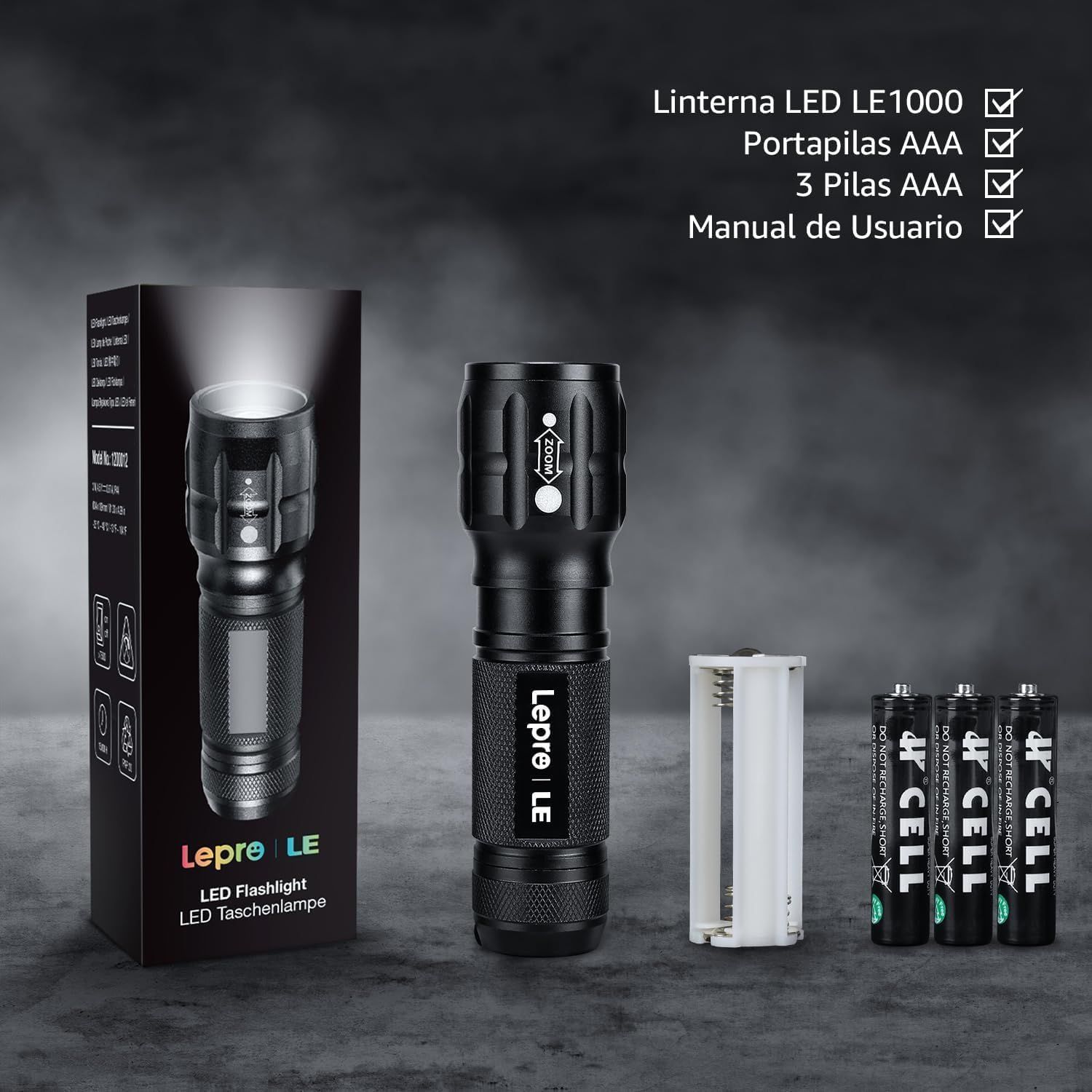 Shows everything included in the package: the LED flashlight, battery holder, 3 AAA batteries, and user manual, reassuring shoppers they receive a complete ready-to-use kit.