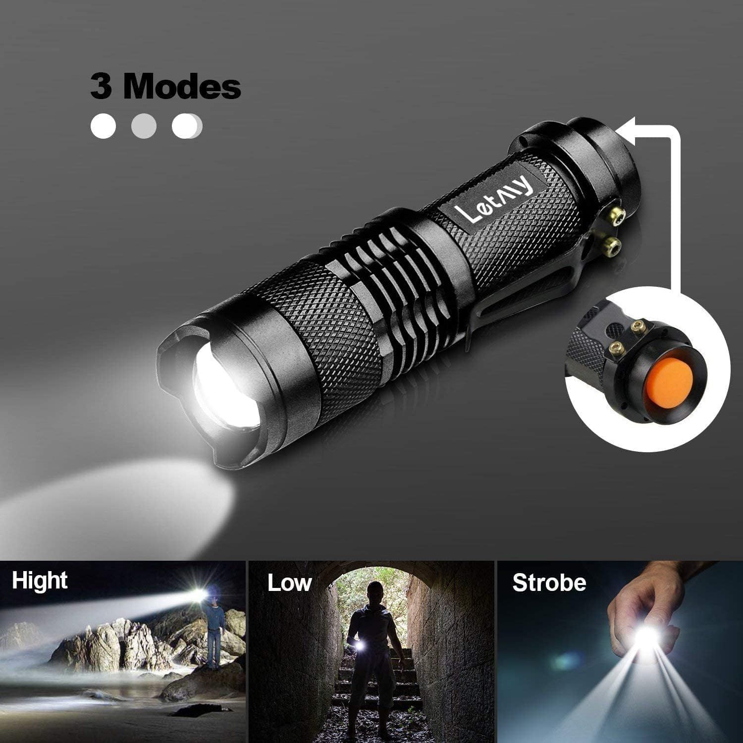 Demonstrates the flashlight's versatility with three distinct lighting modes (High, Low, Strobe) to reassure shoppers they can adapt the light intensity for different situations and needs.