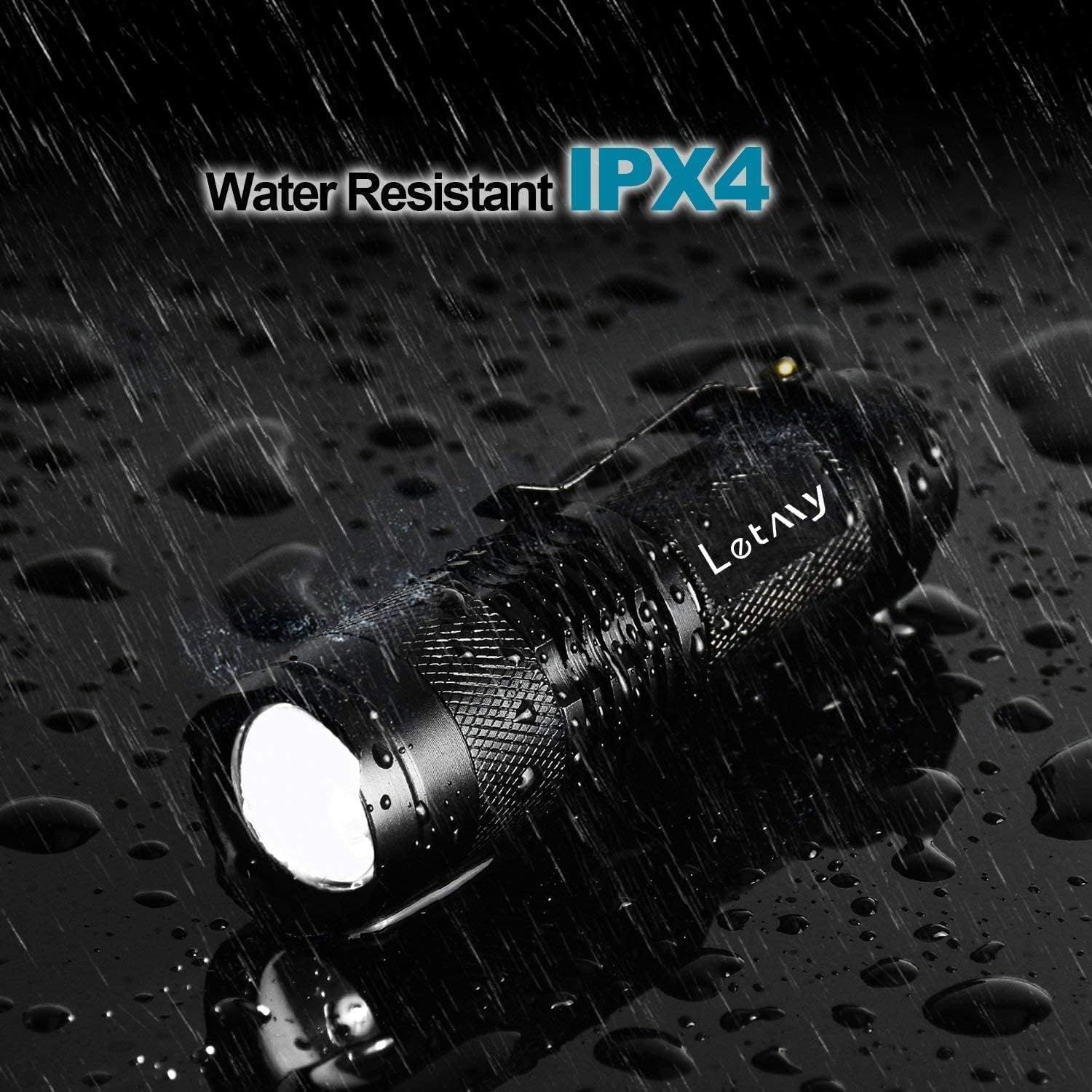 Communicates that the flashlight is water-resistant with IPX4 certification, reassuring shoppers it can withstand rain and wet conditions.