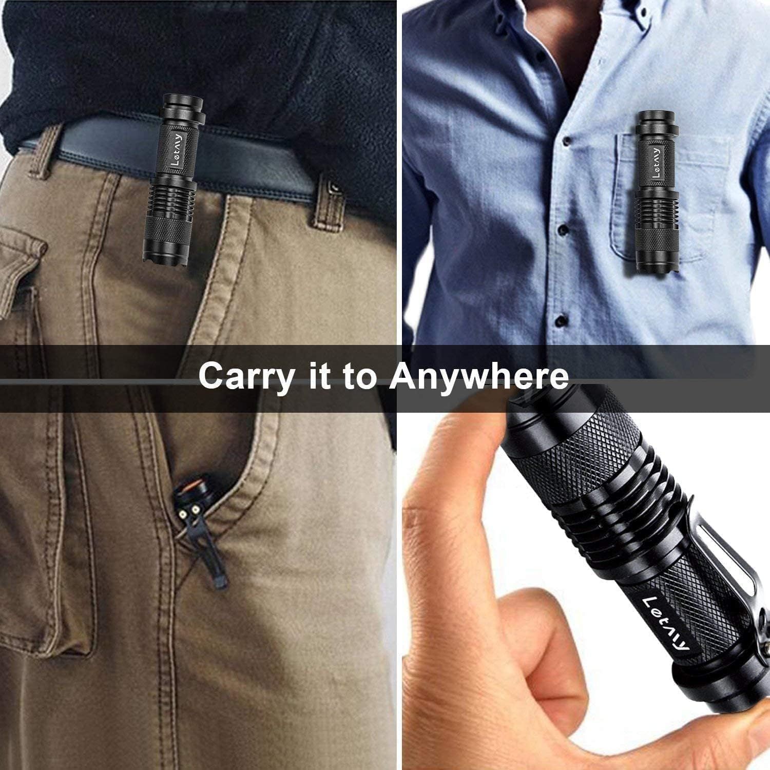 Demonstrates the flashlight's versatility by showing multiple ways to carry it—clipped to pants, shirt pocket, or held in hand—reassuring shoppers of its convenient portability for everyday use.…