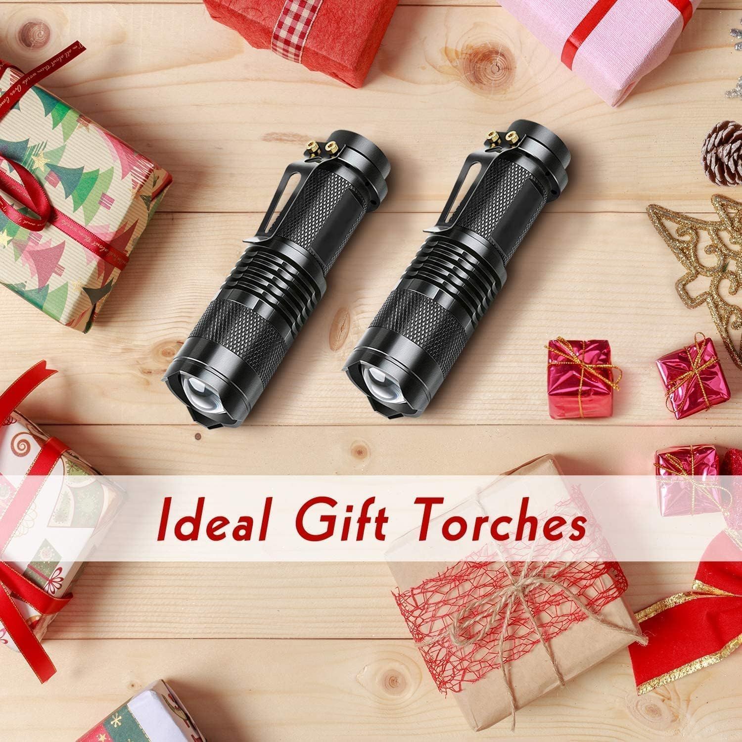 Positions the flashlights as an ideal gift option for the holiday season, surrounded by festive wrapped presents to encourage gifting purchases.