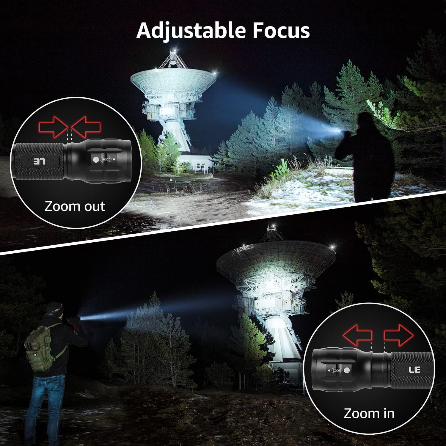 Demonstrates the flashlight's adjustable focus capability, showing how users can zoom in for a concentrated beam or zoom out for wider coverage, reassuring shoppers of its versatility and control.