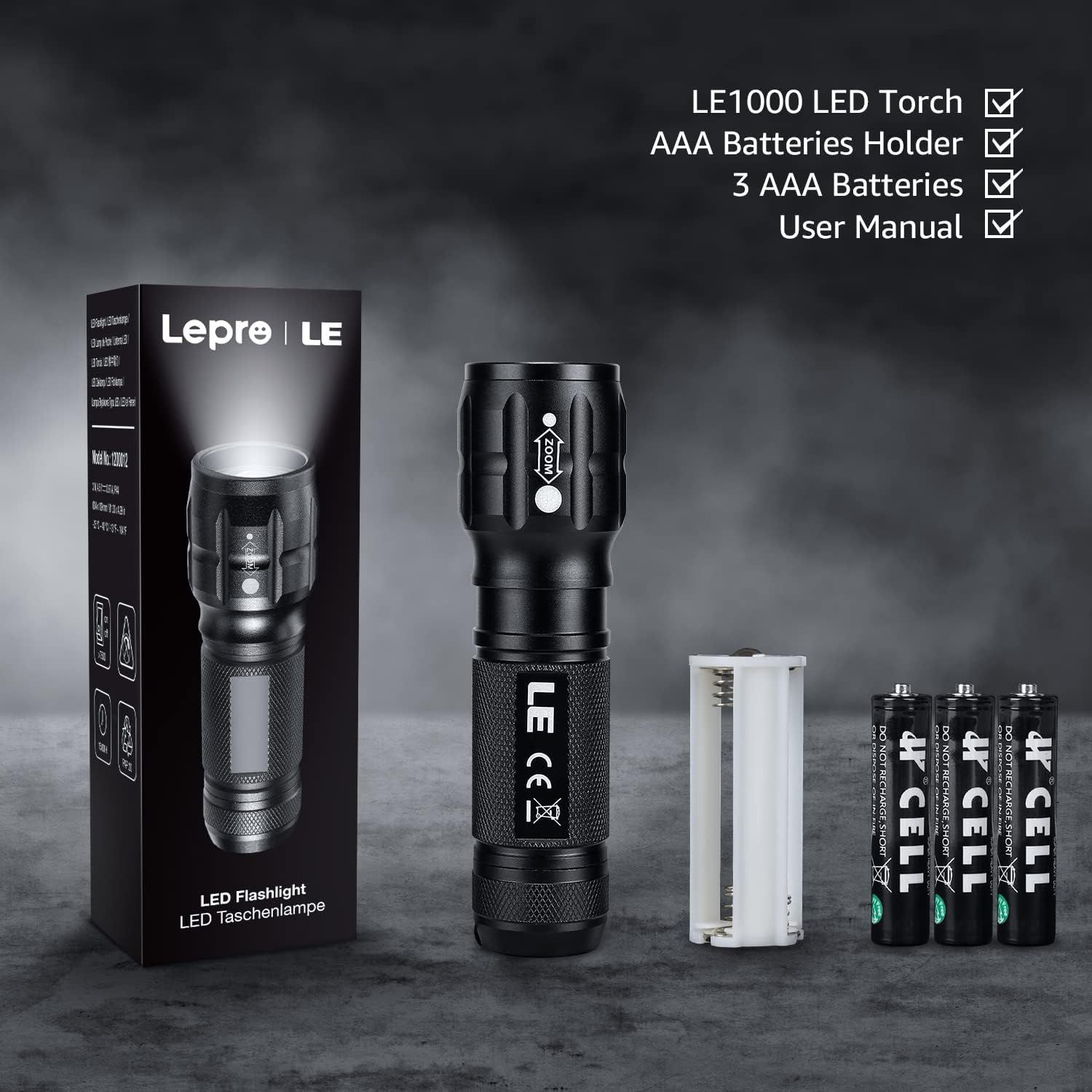 Shows everything included in the package—the LED torch, battery holder, 3 AAA batteries, and user manual—to reassure shoppers they're getting a complete, ready-to-use kit.