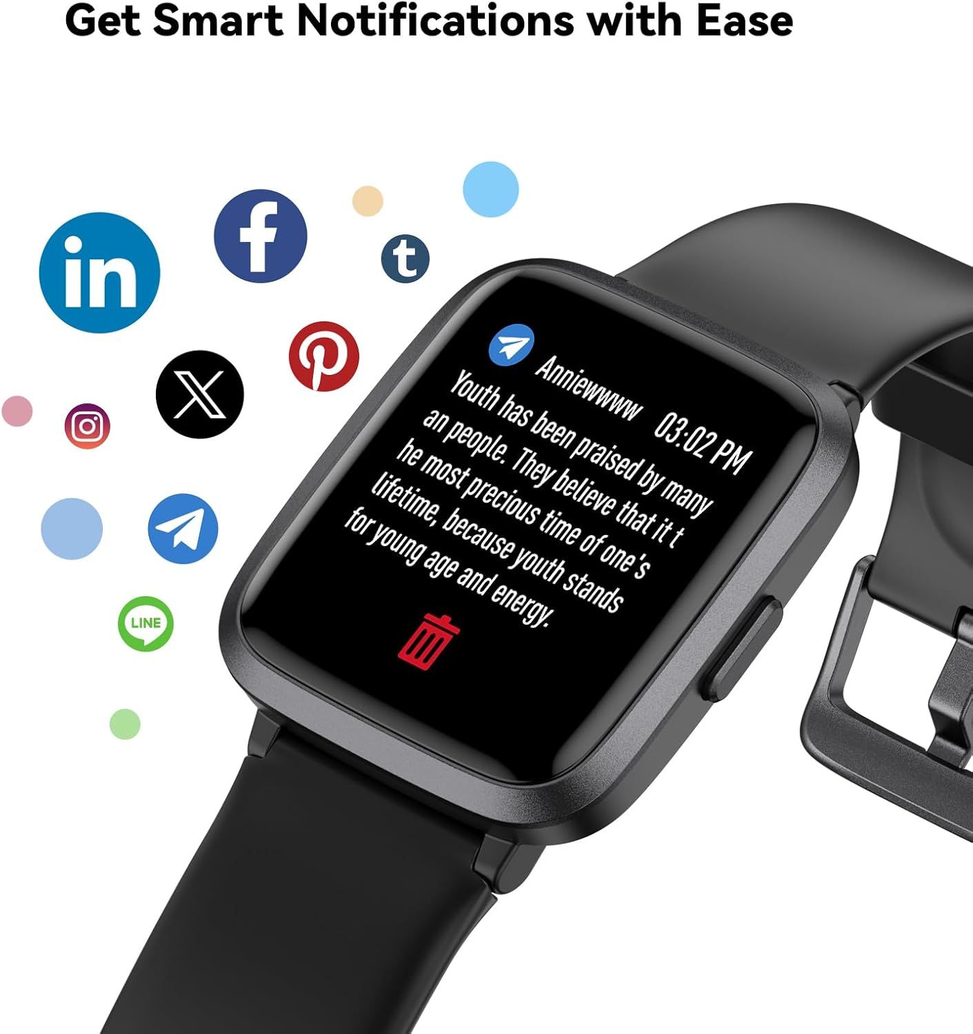 Demonstrates the smartwatch's ability to receive and display notifications from multiple social media platforms, reassuring shoppers that they can stay connected without checking their phone.