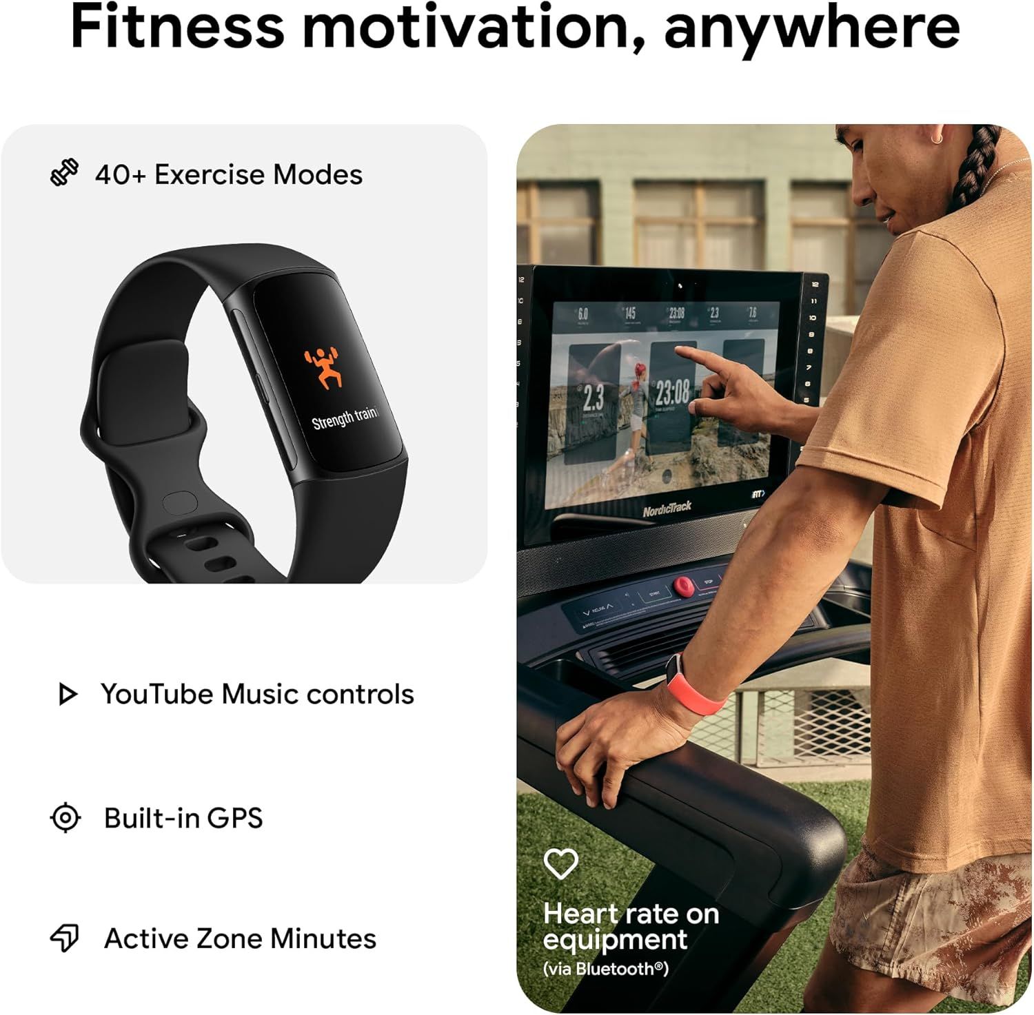 Showcases multiple distinct fitness features of the smartwatch to demonstrate its comprehensive workout capabilities and connectivity options.