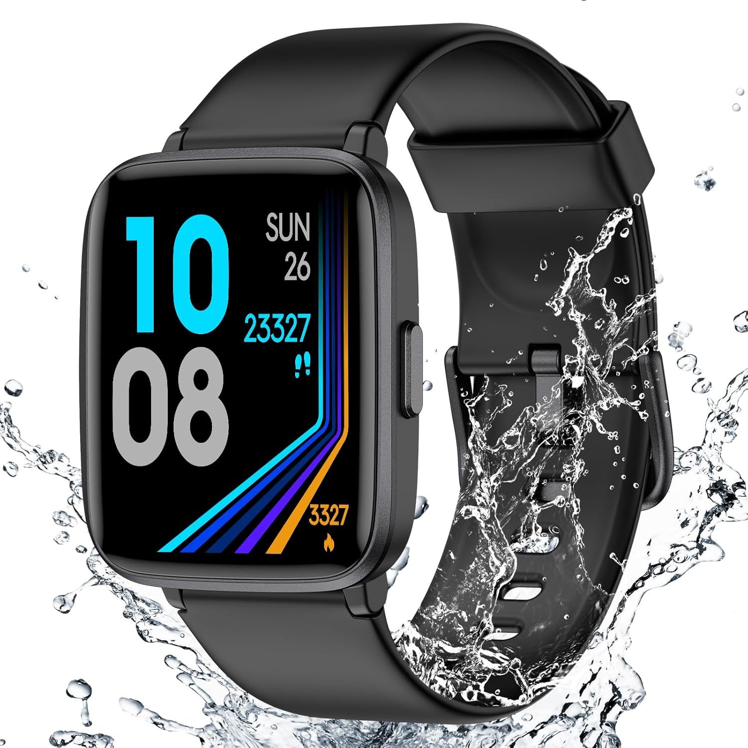 Demonstrates the smartwatch's waterproof capability by showing it surrounded by water splashes, reassuring shoppers that the device can withstand water exposure during daily activities or workouts.