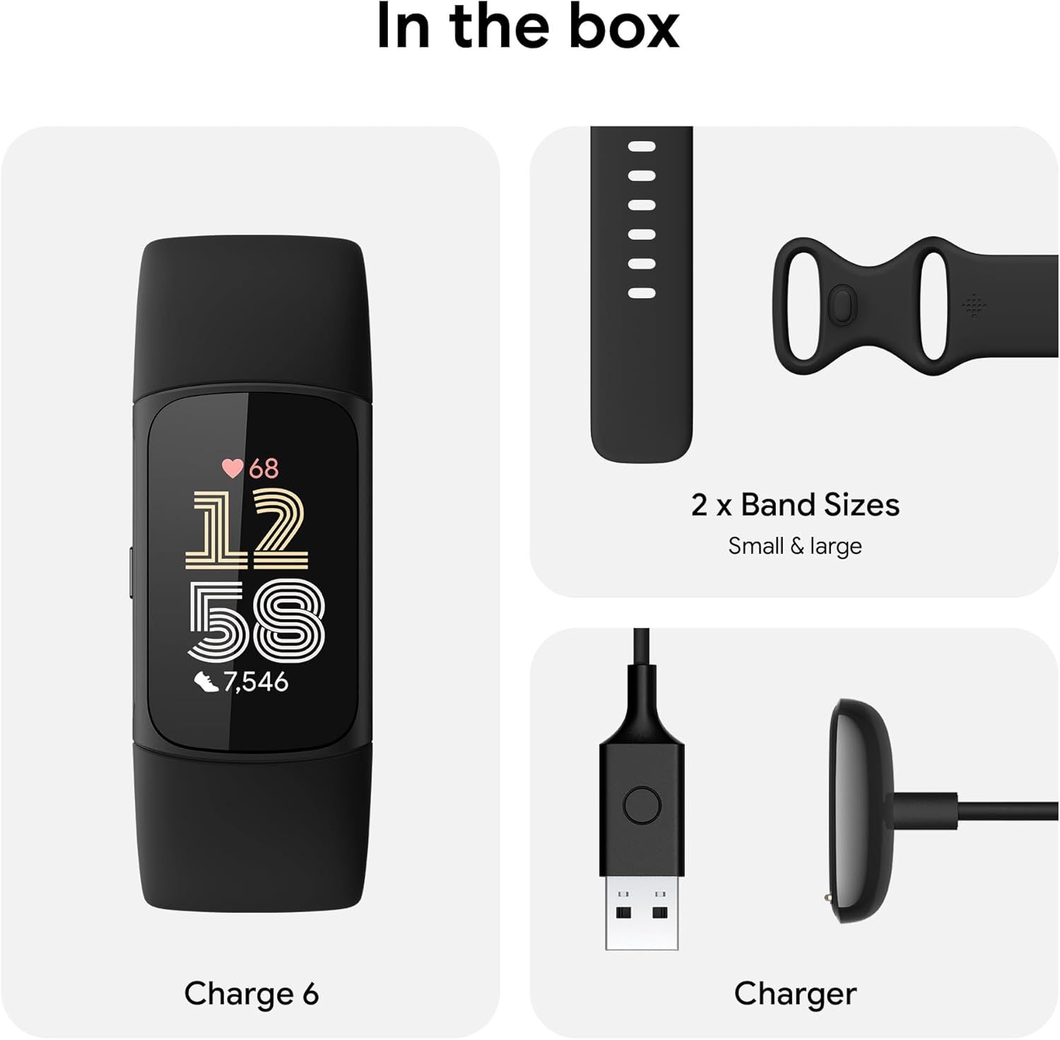 Shows shoppers everything included in the purchase: the Charge 6 fitness tracker, two band sizes for fit flexibility, and the charging cable, providing clarity on what they will receive.