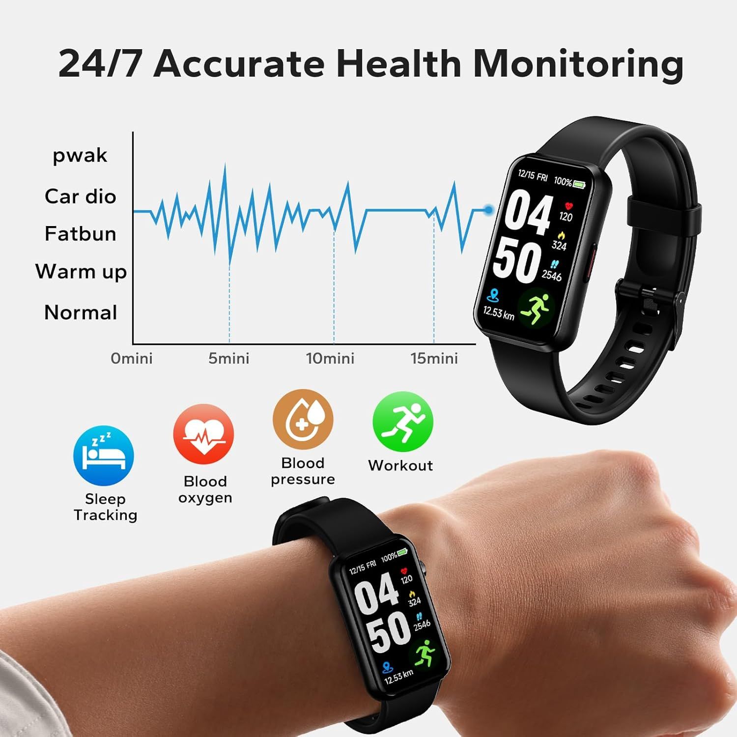 Showcases the smartwatch's comprehensive health monitoring capabilities across multiple distinct features (sleep, blood oxygen, blood pressure, workout tracking) to demonstrate its versatility as a…