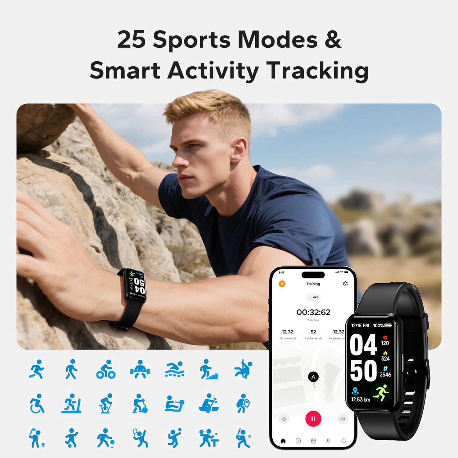 Demonstrates the product's versatility by showcasing 25 different sports and activity modes that the smartwatch can track, reassuring shoppers that it can support a wide range of fitness activities.…