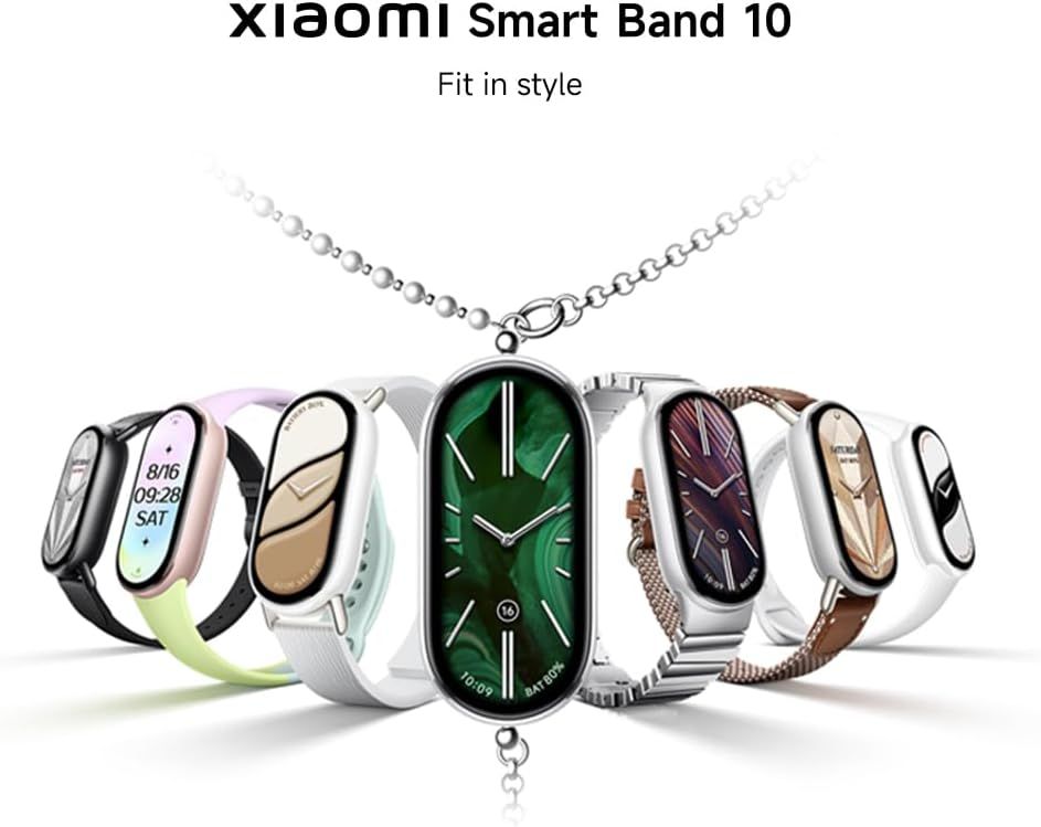 Showcases the Xiaomi Smart Band 10 product line with multiple style and band options to help shoppers visualize the variety of designs available and choose their preferred aesthetic.