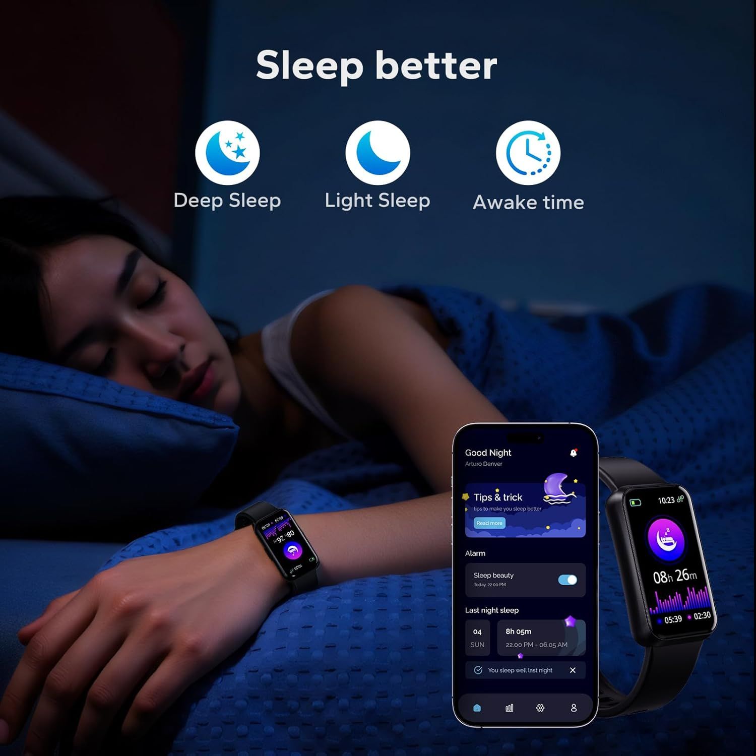 Demonstrates the product's comprehensive sleep tracking capabilities across multiple metrics (deep sleep, light sleep, awake time) to show shoppers how the device helps improve sleep quality and…