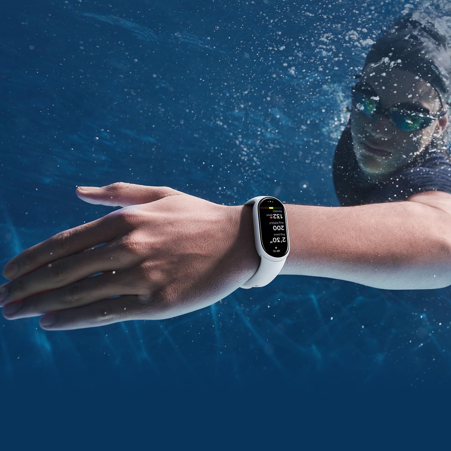 Demonstrates the product being used in a real-world swimming/underwater environment to show its waterproof capability and fitness tracking in aquatic settings.