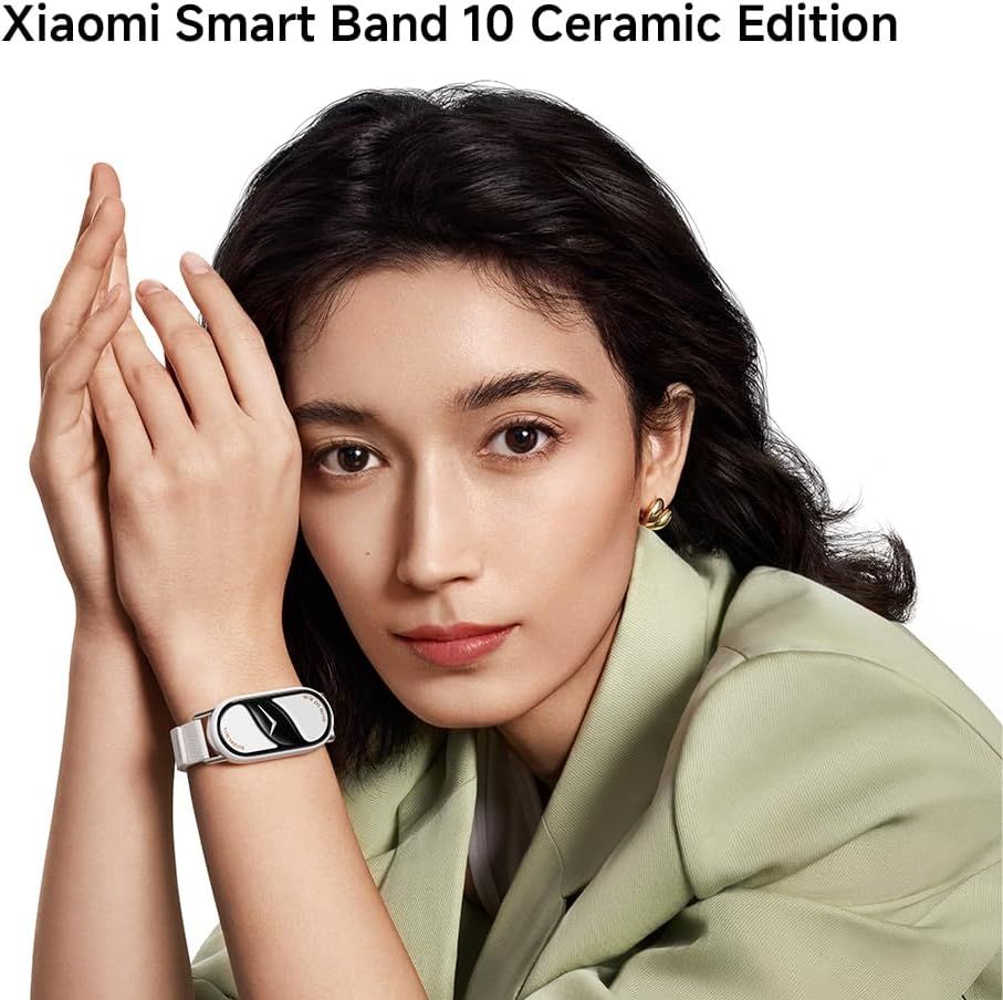 Showcases the Xiaomi Smart Band 10 Ceramic Edition in a real-world fashion context to emphasize its premium aesthetic and appeal as a stylish wearable accessory.