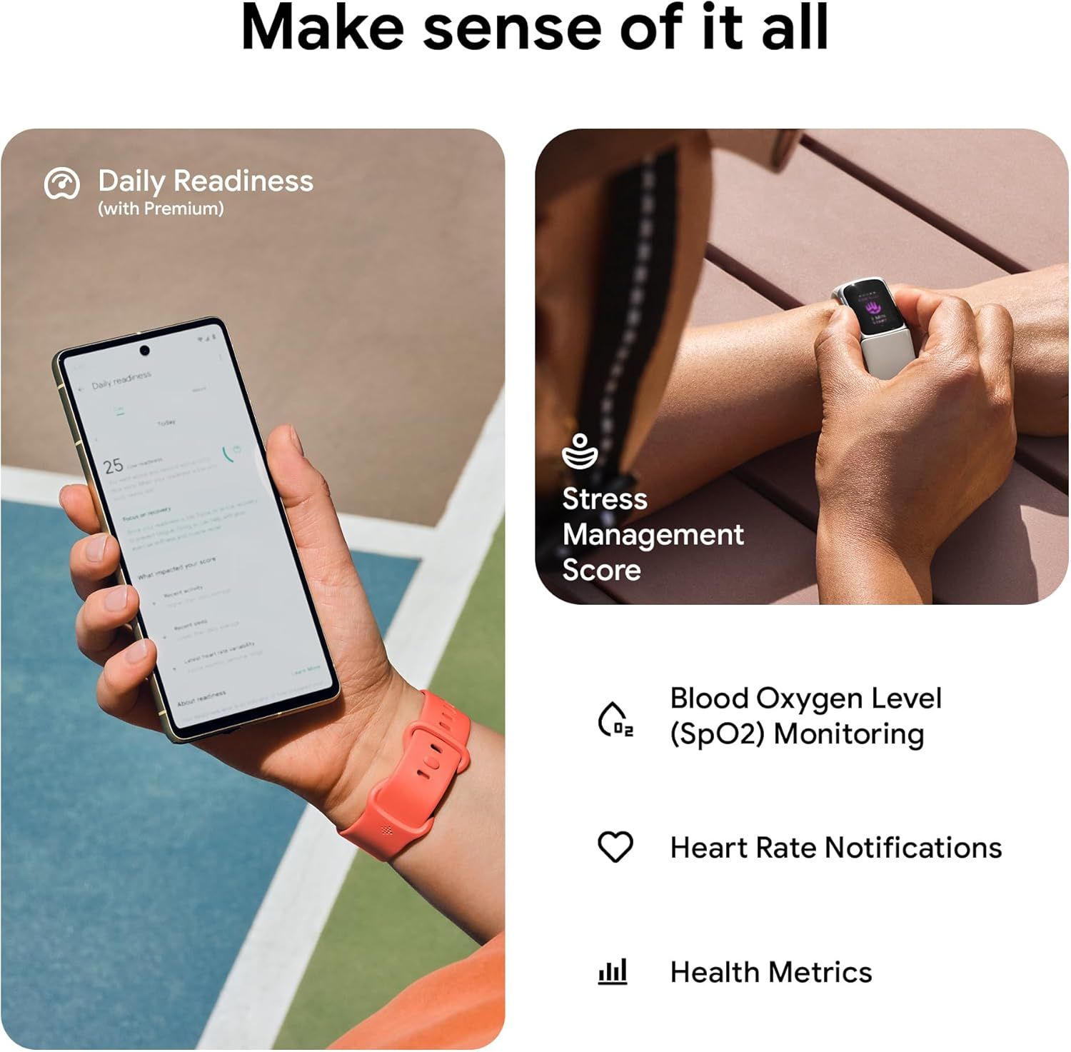 Communicates the comprehensive health and wellness tracking capabilities of the wearable device, showcasing multiple distinct features to demonstrate the product's versatility and value for holistic…