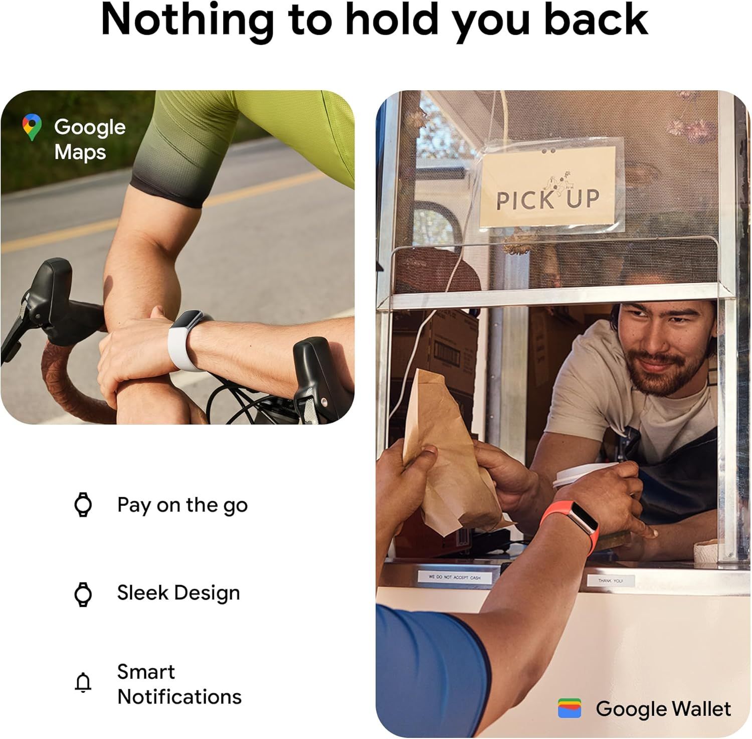 Communicates multiple distinct benefits of the wearable device in a segmented layout, showing how it enables navigation, contactless payment, stylish design, and notifications to support an active…