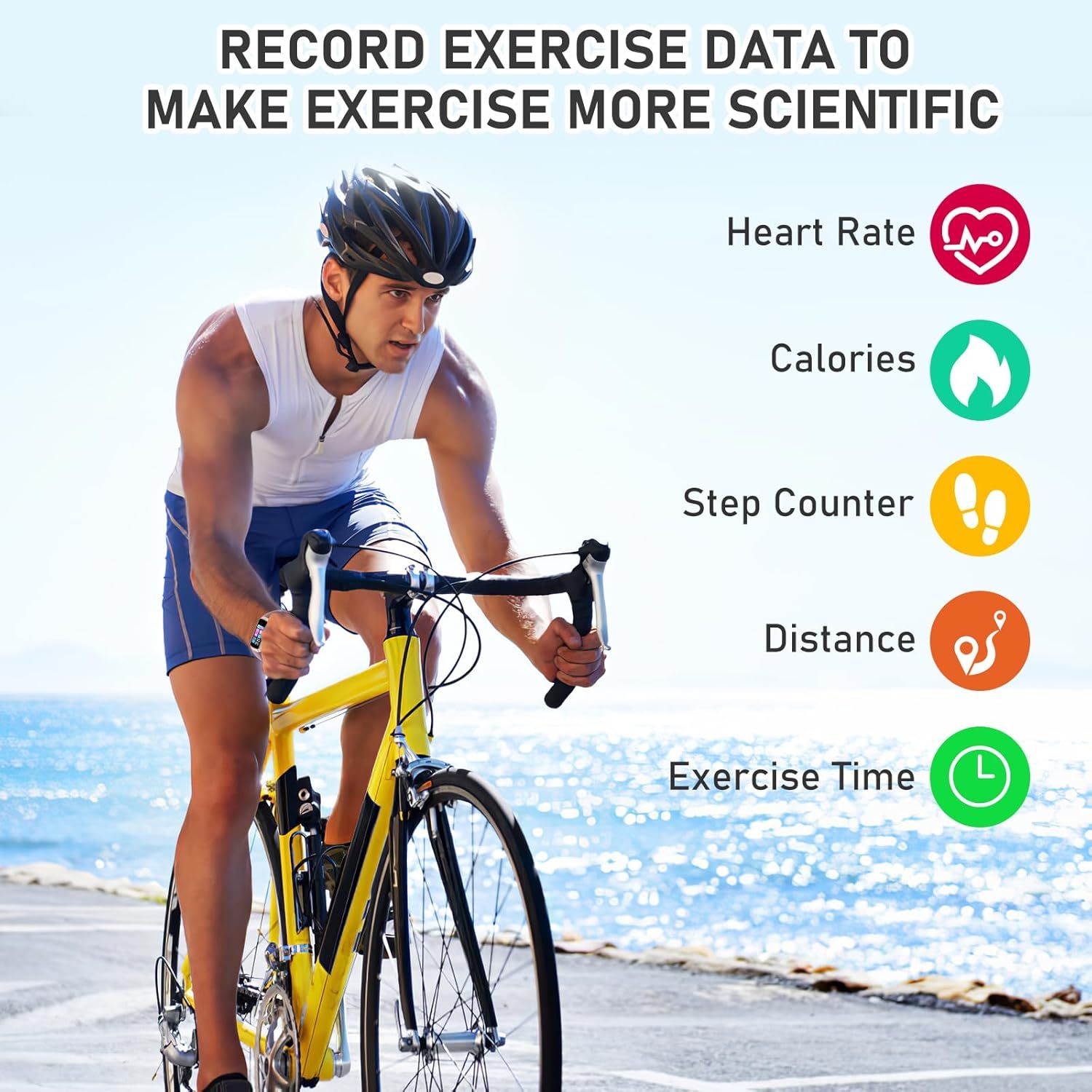 Communicates the product's comprehensive exercise data tracking capabilities to help shoppers understand they can monitor multiple fitness metrics scientifically.