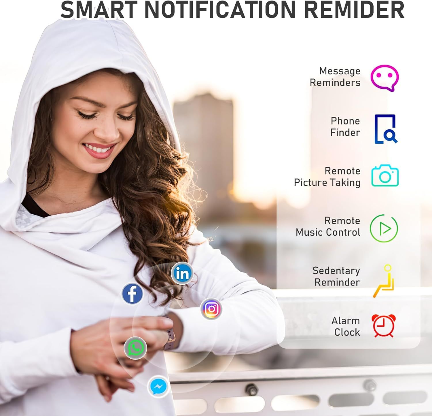Showcases multiple smart notification and remote control features of the wearable device to demonstrate its versatility and connectivity capabilities.