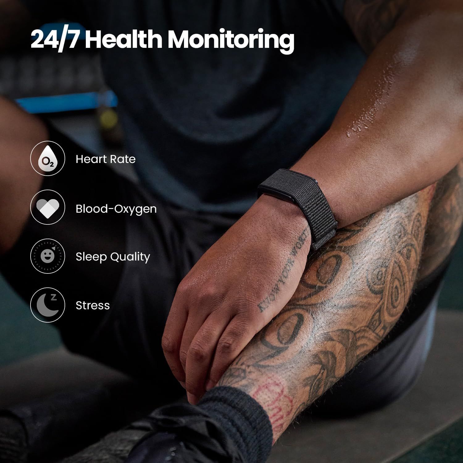 Communicates the comprehensive health tracking capabilities of the fitness tracker, showing shoppers that it monitors multiple vital health metrics around the clock.