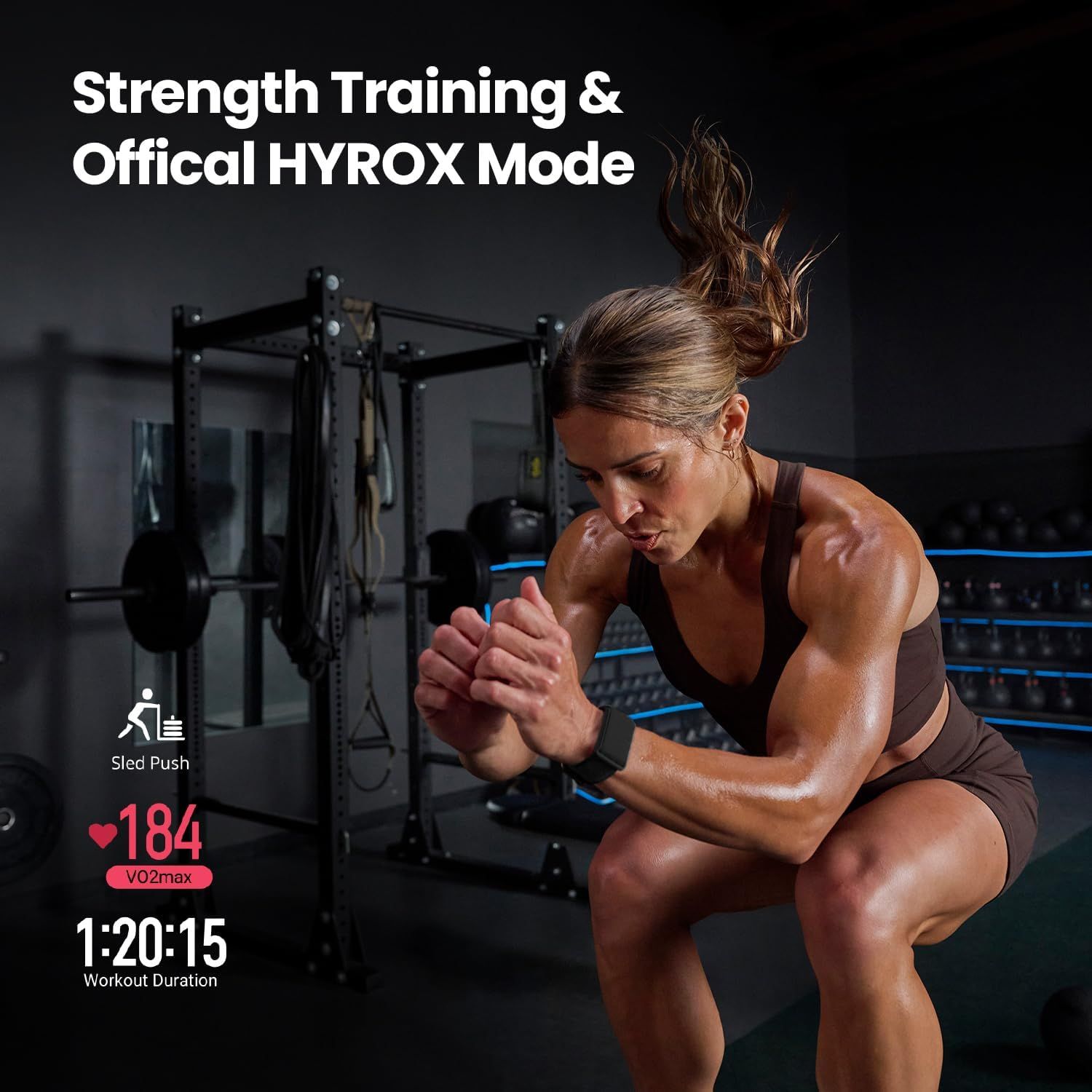 Demonstrates the product's use in a specific fitness application (strength training and HYROX mode), showing real-time workout metrics to communicate its versatility for serious athletes and fitness…