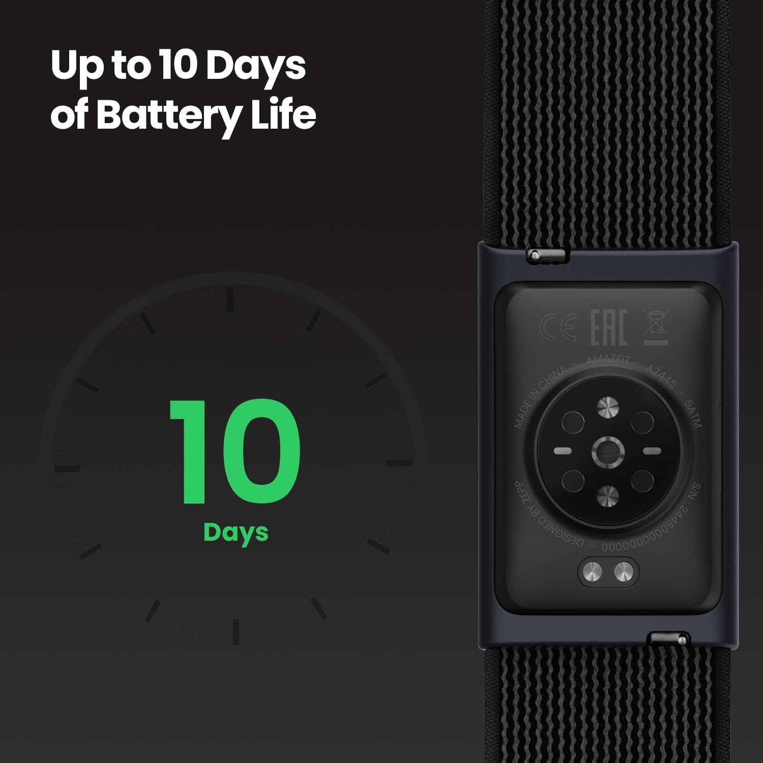 Communicates the impressive battery longevity of up to 10 days to reassure shoppers they won't need frequent charging. Highlights the key benefit of long-lasting battery performance as a primary…