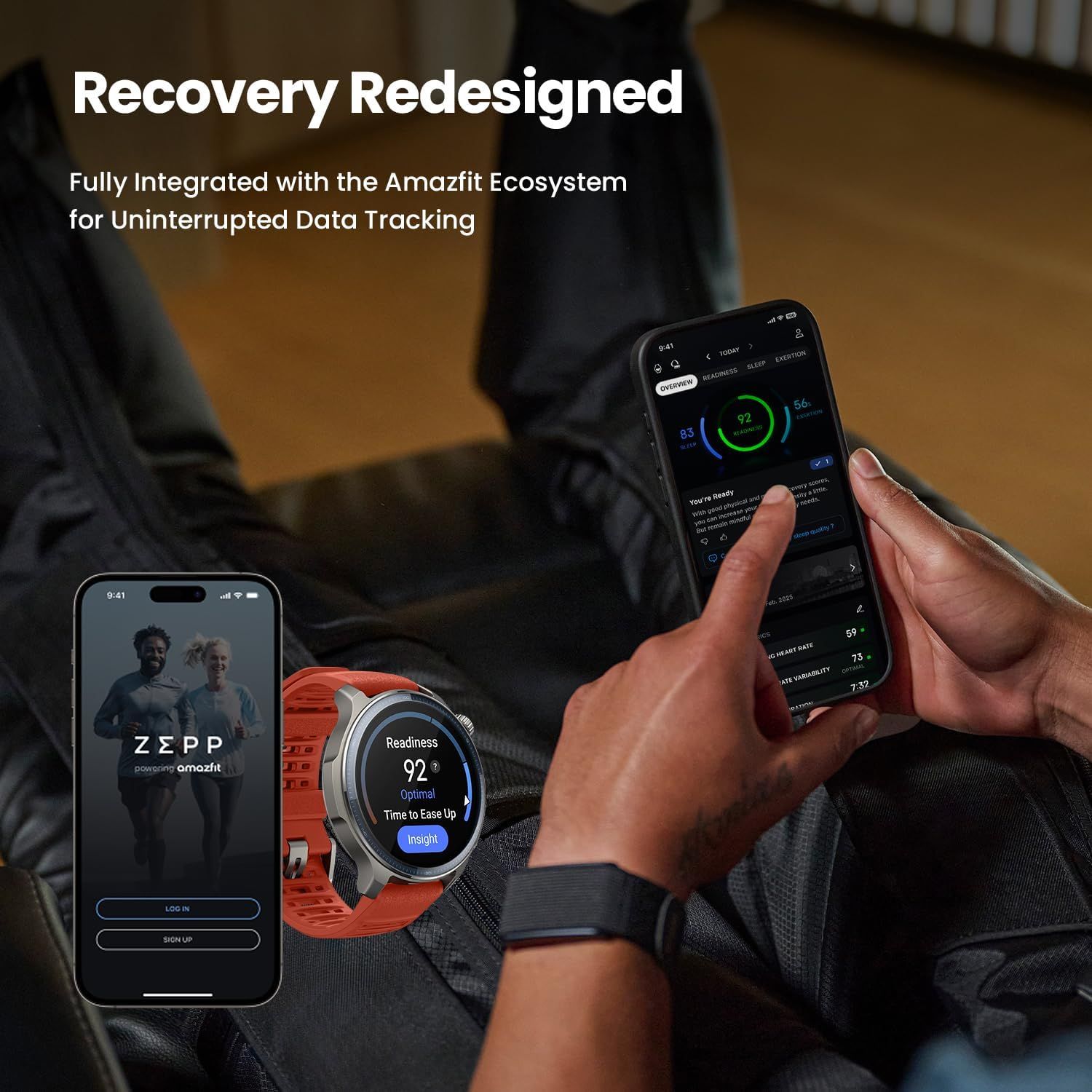 Demonstrates how the product integrates across multiple devices (smartwatch, smartphone, app ecosystem) to provide comprehensive fitness and recovery tracking, reassuring shoppers of seamless data…