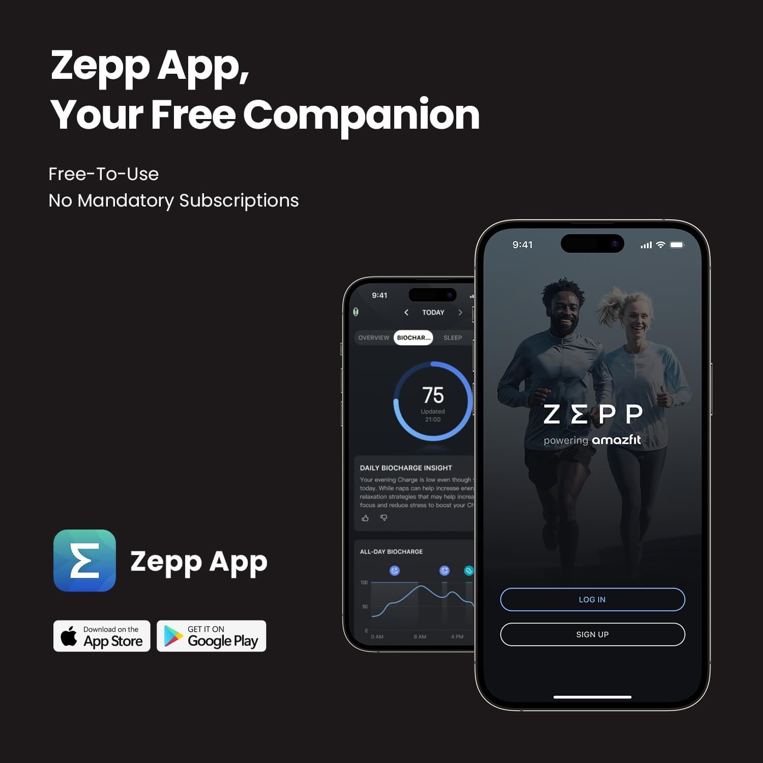 Communicates that the Zepp App is a free companion app with no mandatory subscriptions, and showcases the app interface to build brand awareness and encourage downloads from App Store and Google Play.