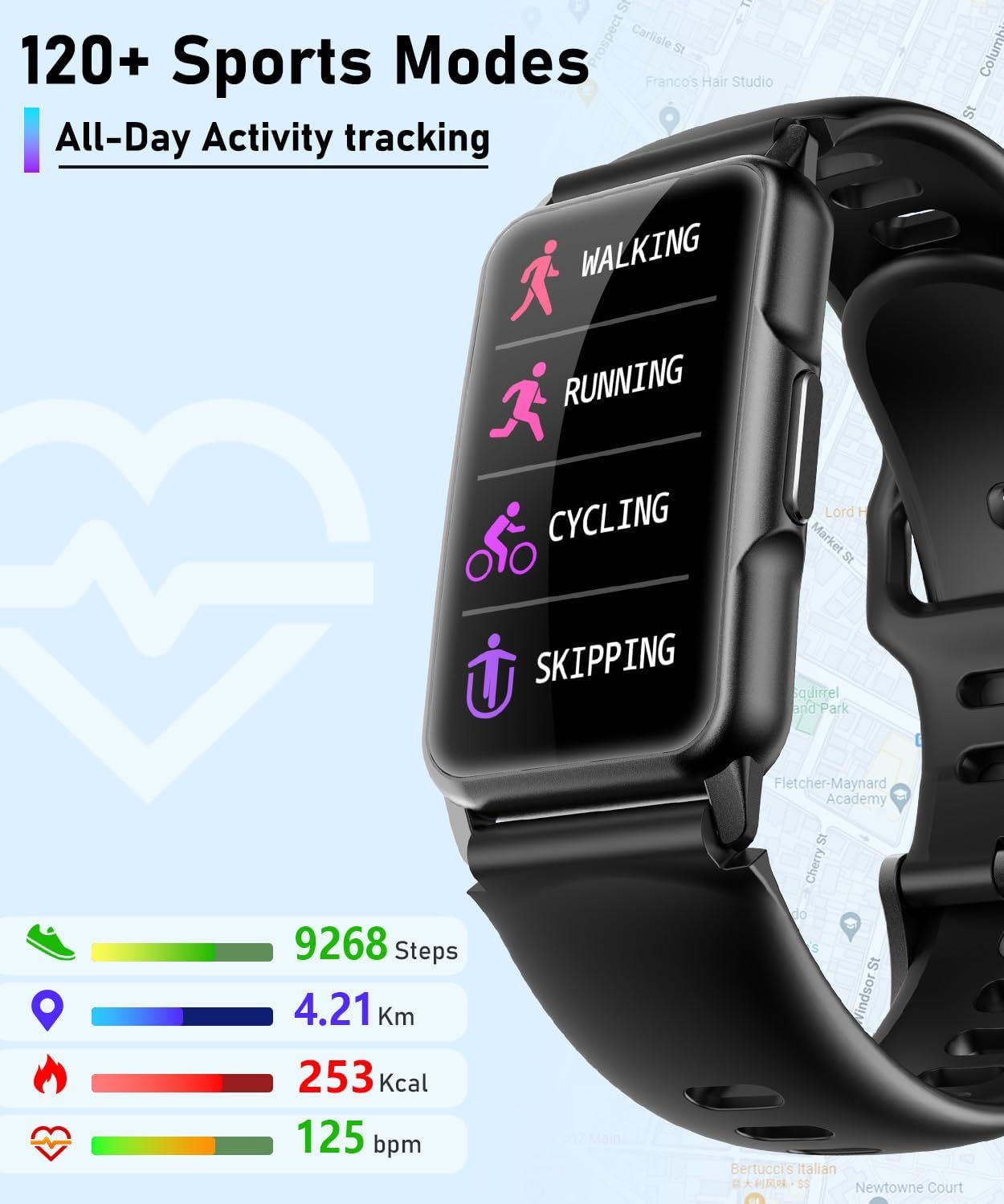 Communicates the product's extensive sports mode capability and quantifiable fitness tracking metrics to demonstrate comprehensive health and activity monitoring features. Showcases multiple…