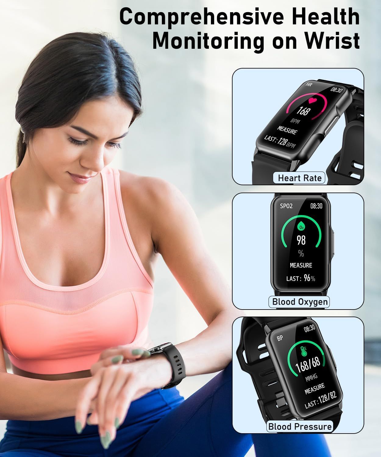 Demonstrates the smartwatch's comprehensive health monitoring capabilities by showcasing three distinct health metrics (heart rate, blood oxygen, and blood pressure) in a segmented visual layout to…