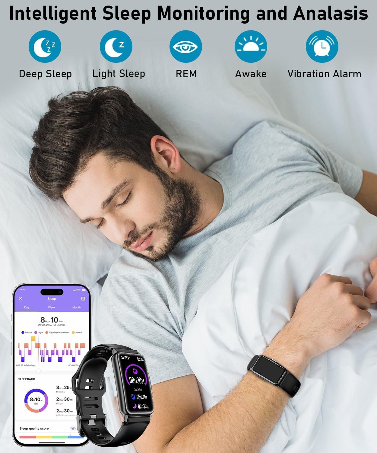Communicates the comprehensive sleep monitoring capabilities of the smartwatch, including tracking multiple sleep stages (Deep Sleep, Light Sleep, REM, Awake) and providing detailed analysis through…