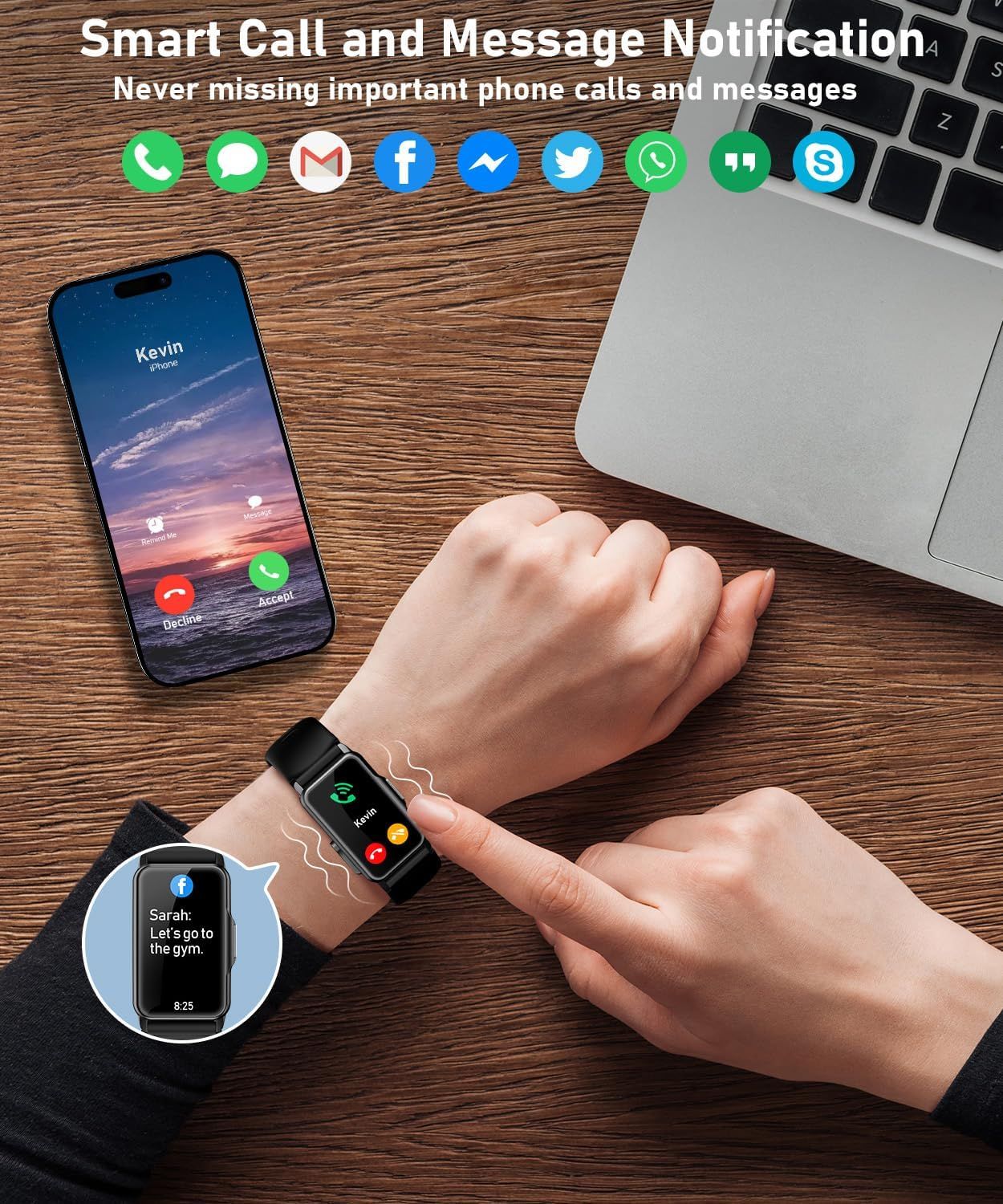 Communicates that the smartwatch can receive and display phone calls and messages from multiple apps, ensuring users never miss important communications while away from their phone.